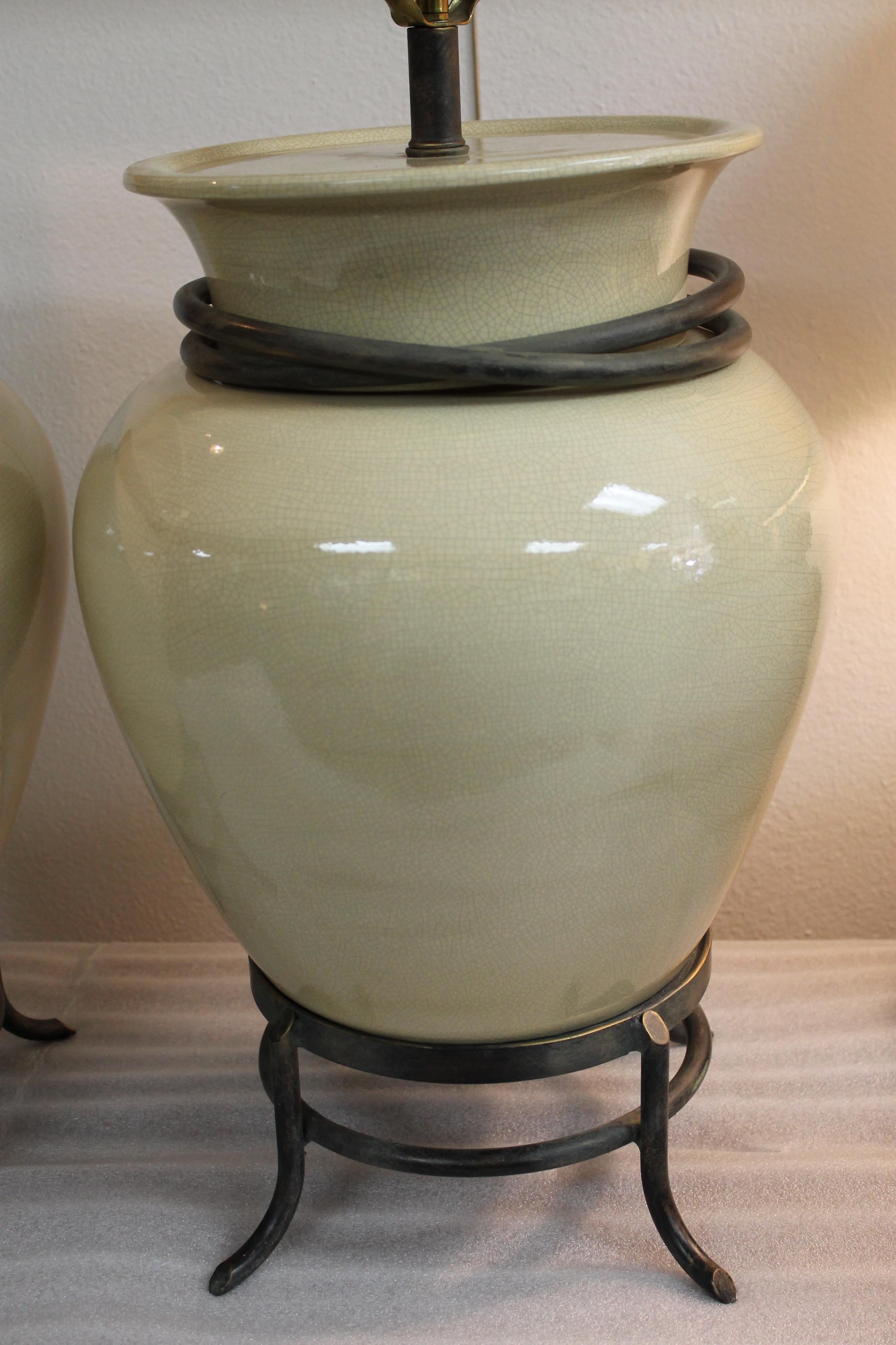 American Pair of Ceramic Ivory Jar Lamps