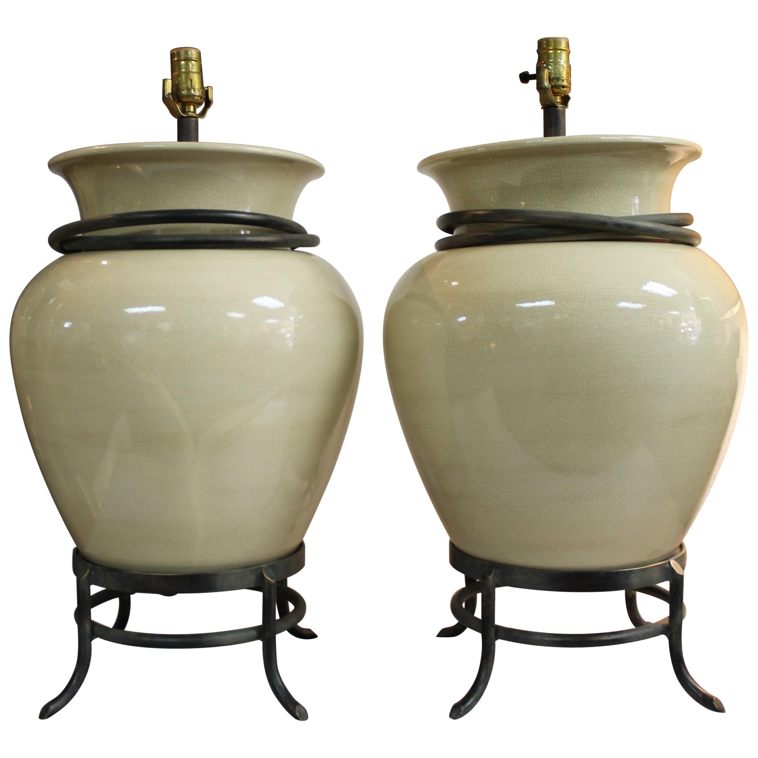 Pair of Ceramic Ivory Jar Lamps