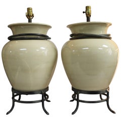Pair of Ceramic Ivory Jar Lamps