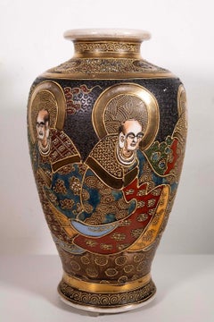 Pair of Ceramic Japanese Satsuma Moriage Vases with Immortal Design