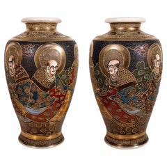 Pair of Ceramic Japanese Satsuma Moriage Vases with Immortal Design
