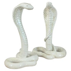 Retro Pair of Ceramic King Cobra Snake Sculptures