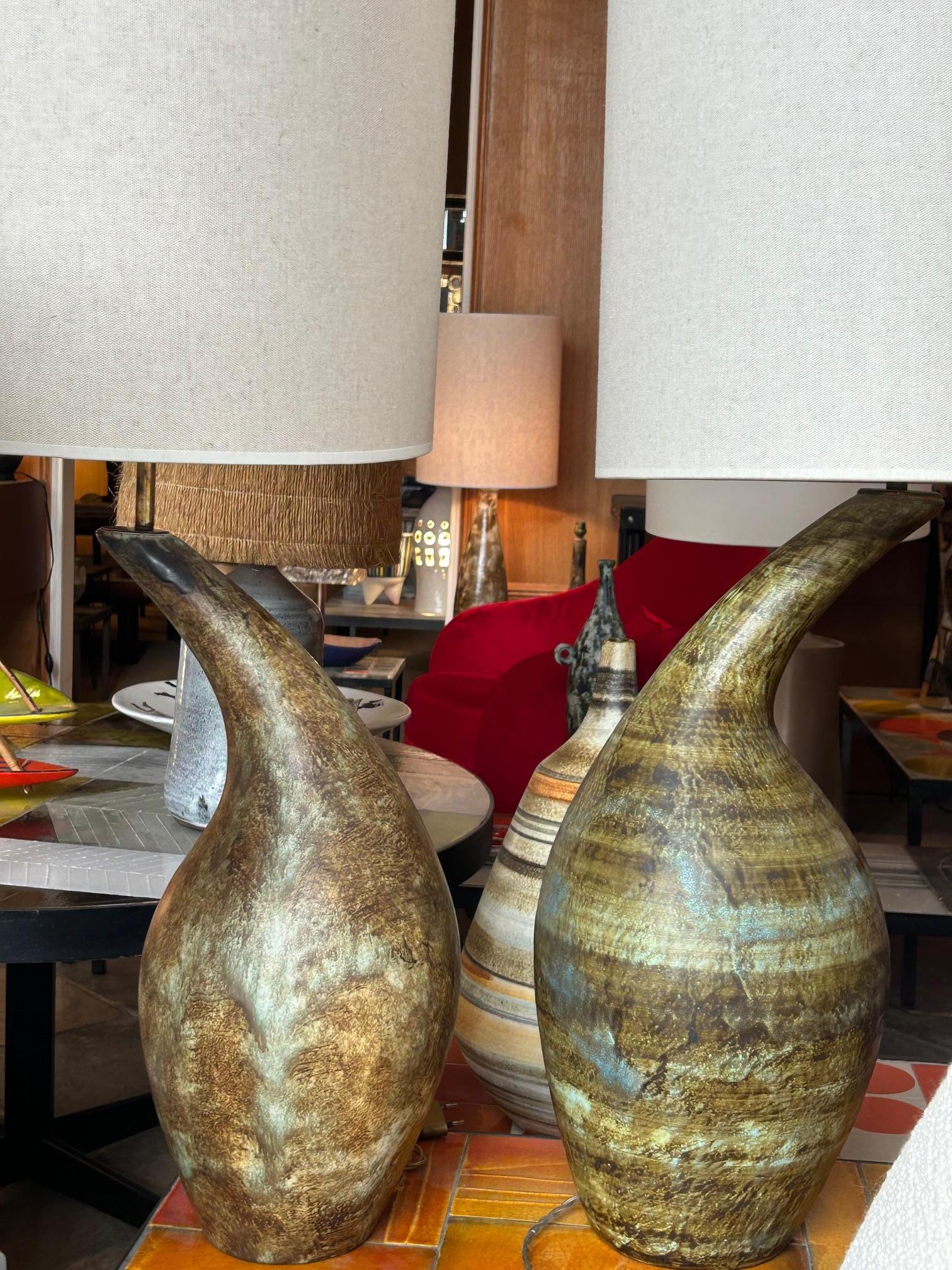 French Pair of ceramic lamp by Les 2 Potiers, France, 1960s For Sale