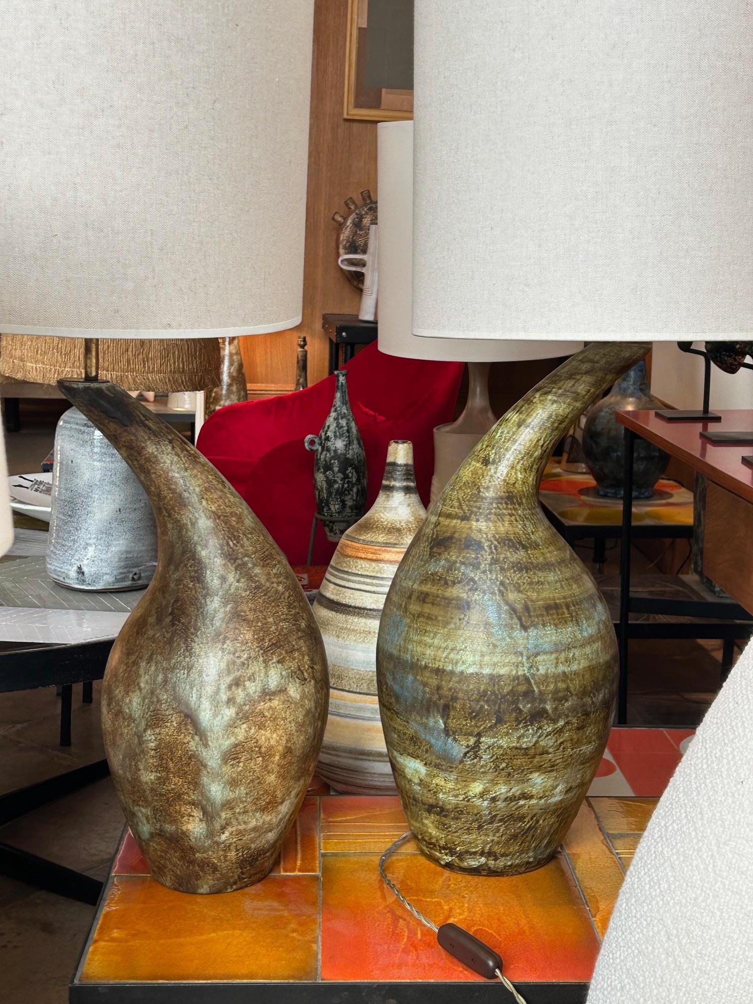 Ceramic Pair of ceramic lamp by Les 2 Potiers, France, 1960s For Sale