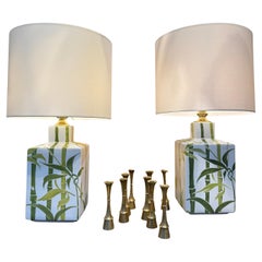 Pair of ceramic lamps circa 1970 with green bamboo decoration