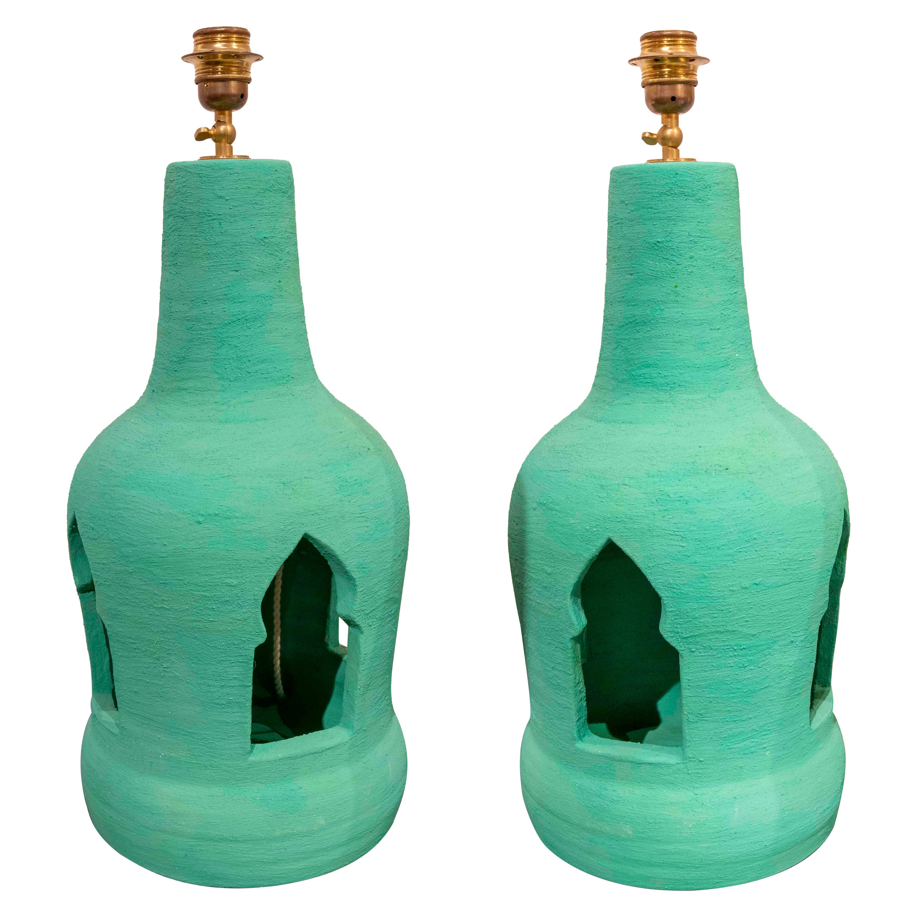 Paar Keramiklampen in grüner Farbe, bemalt im Angebot