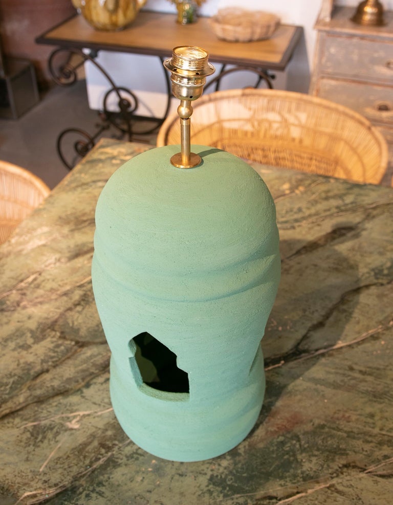 Pair of Ceramic Lamps Painted in Green Colors For Sale 4
