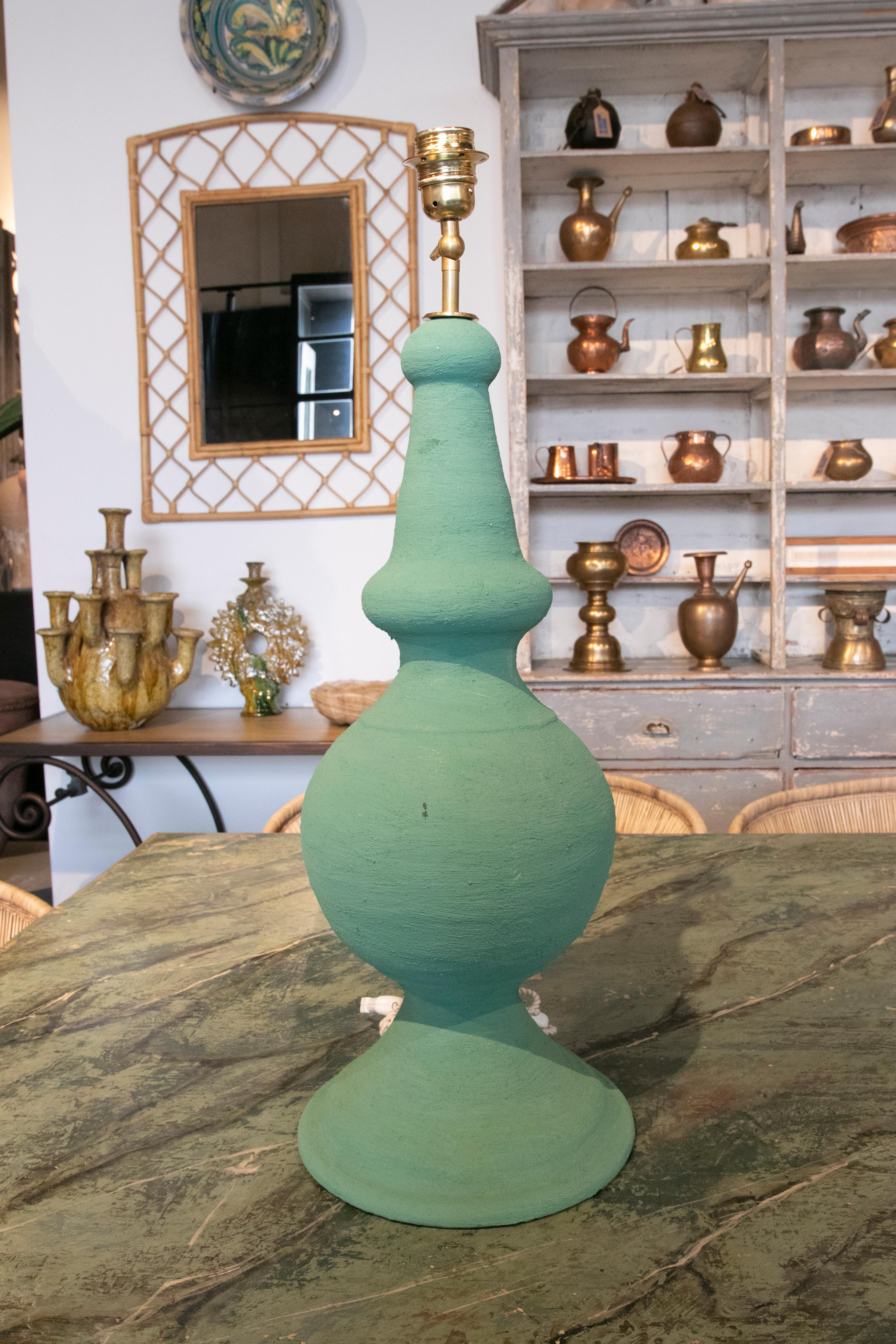 Spanish Pair of Ceramic Lamps Painted in Green Colors For Sale