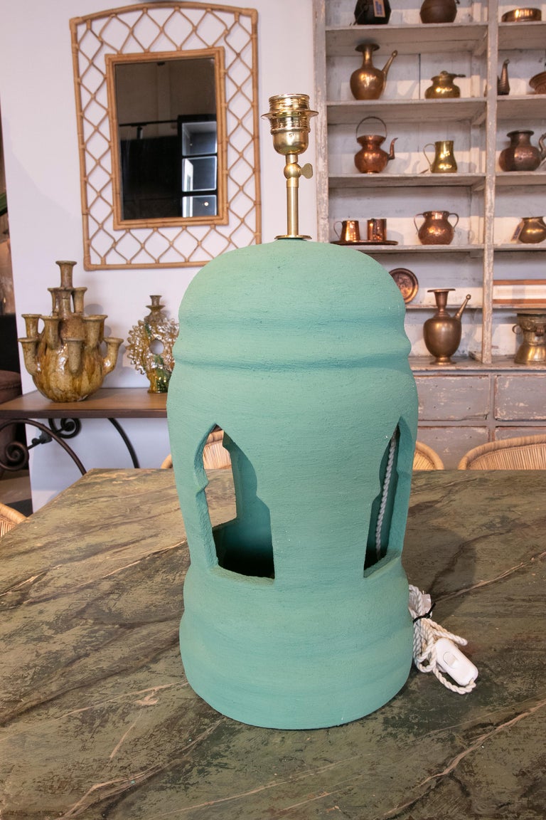 Pair of Ceramic Lamps Painted in Green Colors In Good Condition For Sale In Marbella, ES