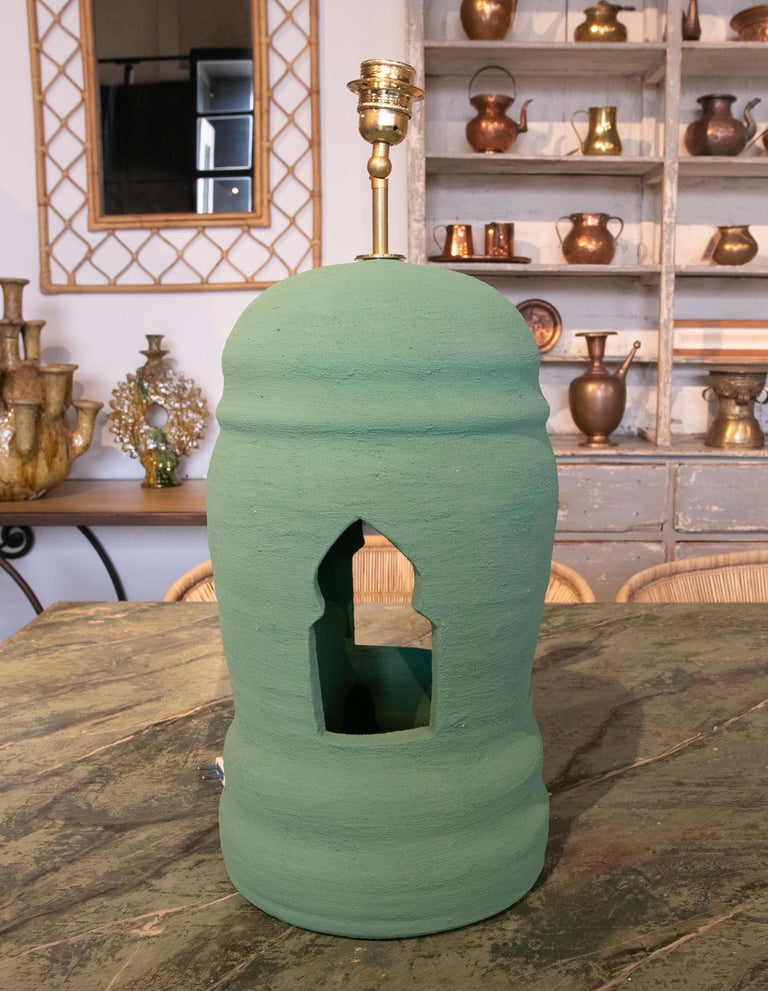 Pair of Ceramic Lamps Painted in Green Colors For Sale 2