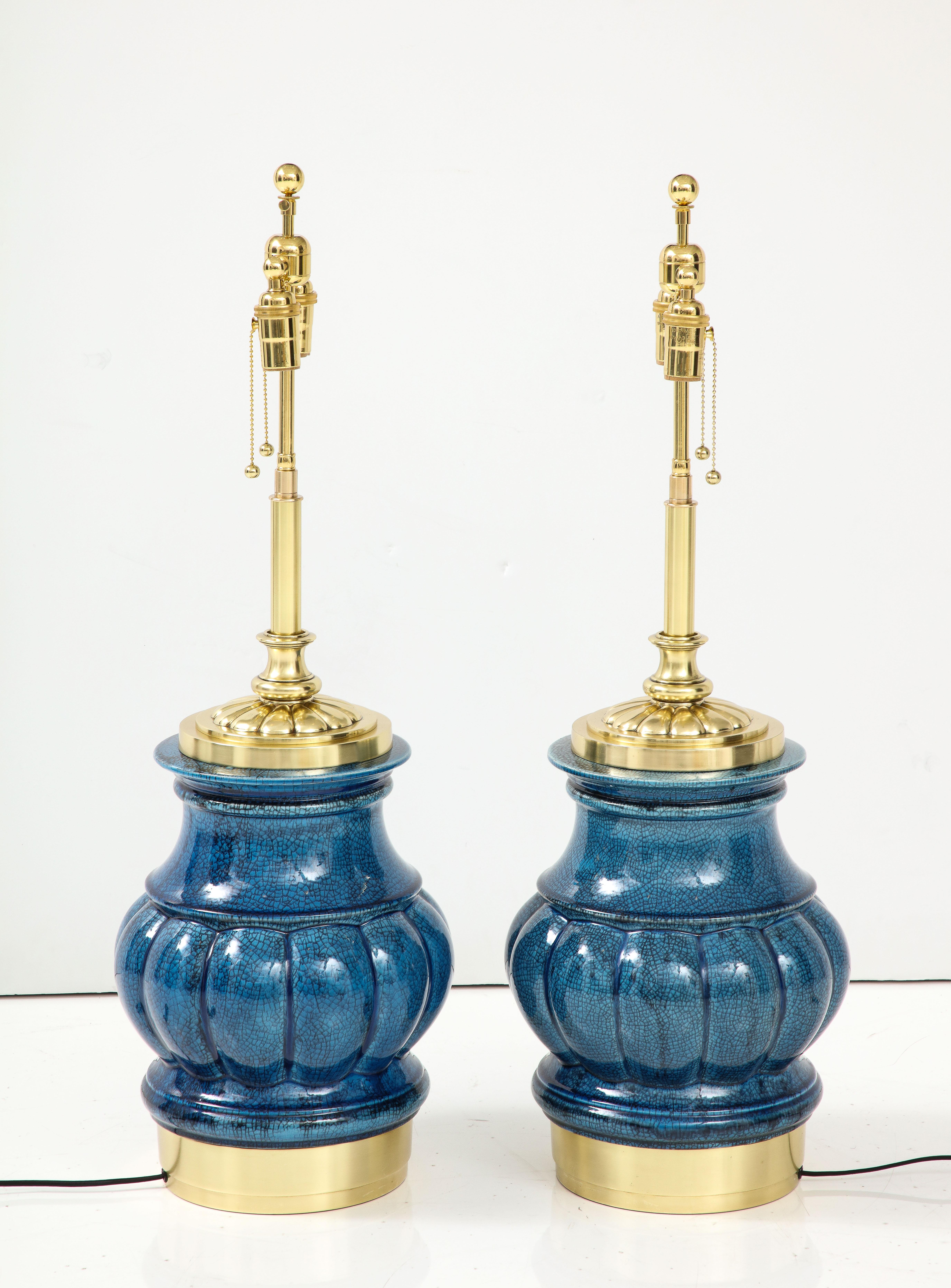 Mid-Century Modern Pair of Ceramic Lamps with a Blue Crackle Glaze For Sale