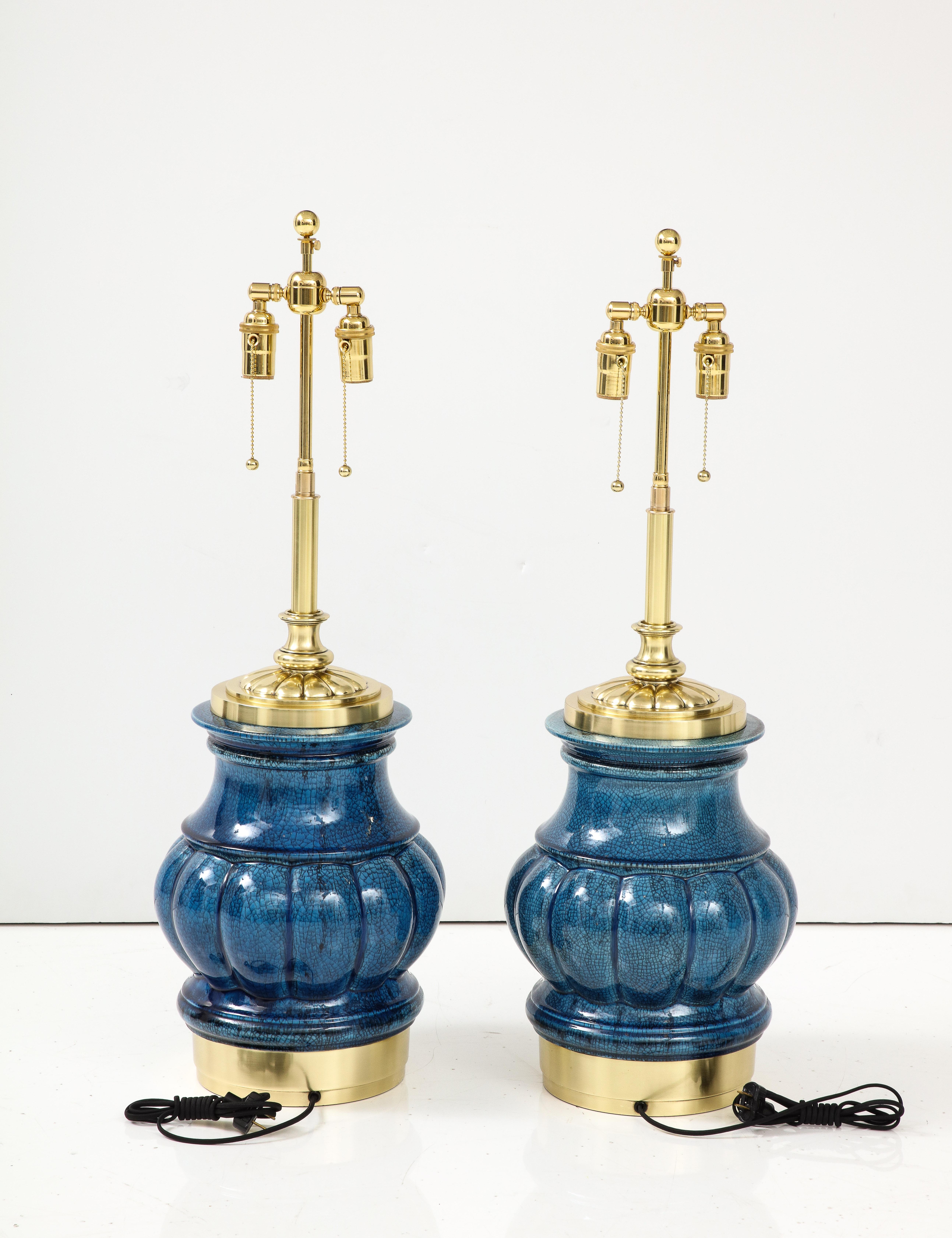 Brass Pair of Ceramic Lamps with a Blue Crackle Glaze For Sale