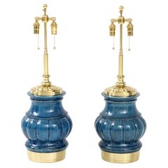 Used Pair of Ceramic Lamps with a Blue Crackle Glaze