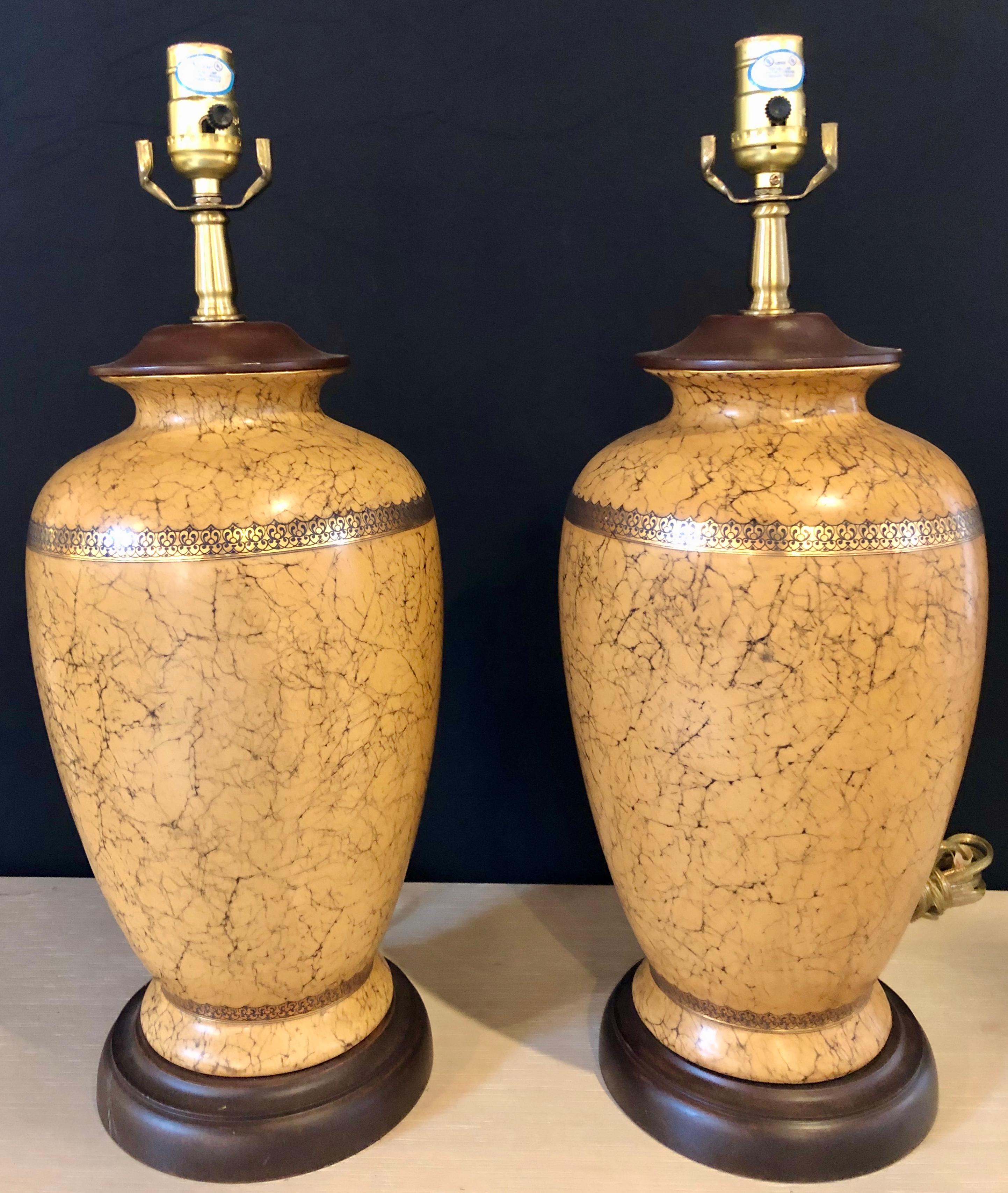 Neoclassical Pair of Ceramic Lamps with Gold Trim and Crackle Finish Wooden Base Bottom For Sale