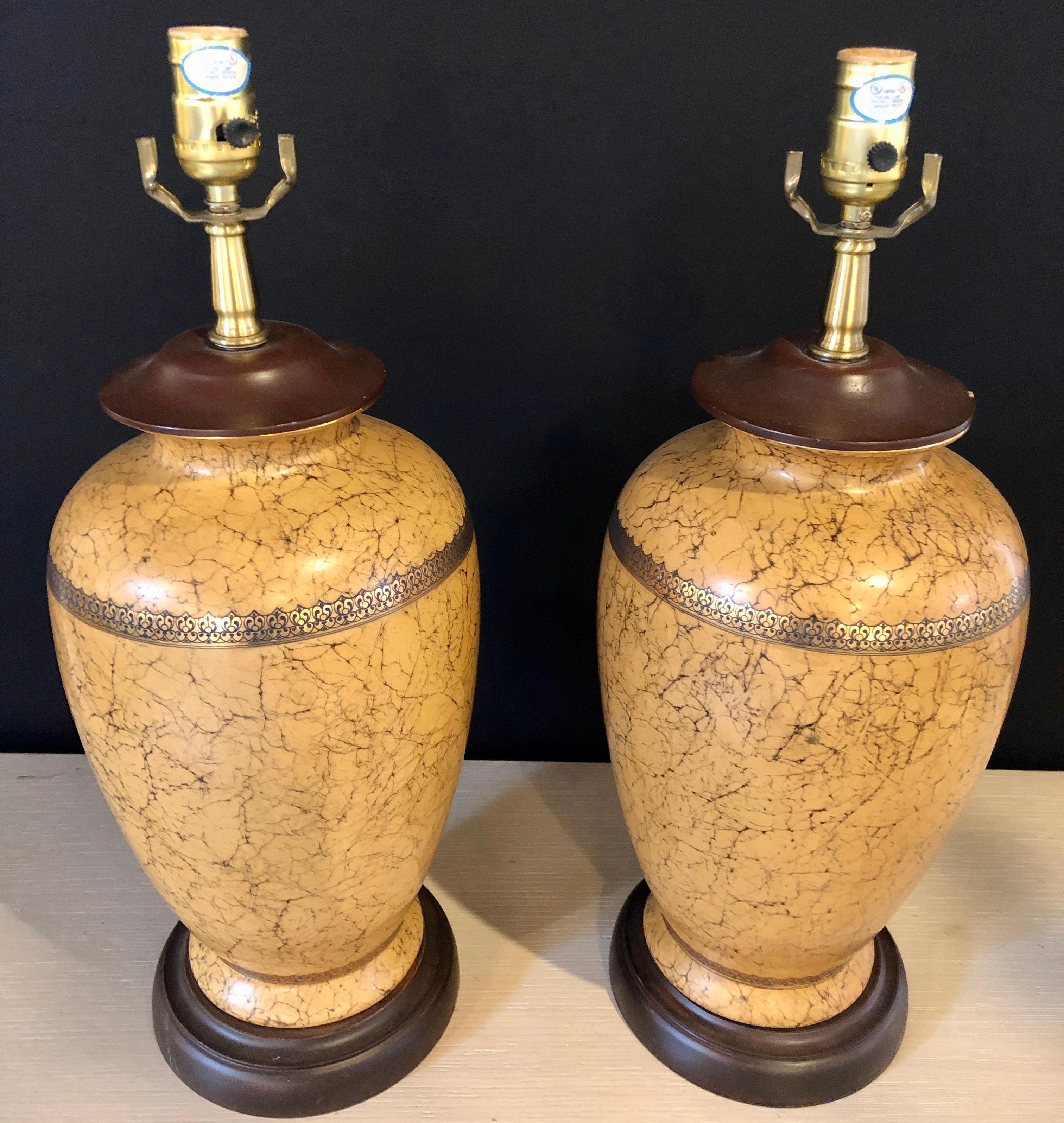 Hand-Painted Pair of Ceramic Lamps with Gold Trim and Crackle Finish Wooden Base Bottom For Sale