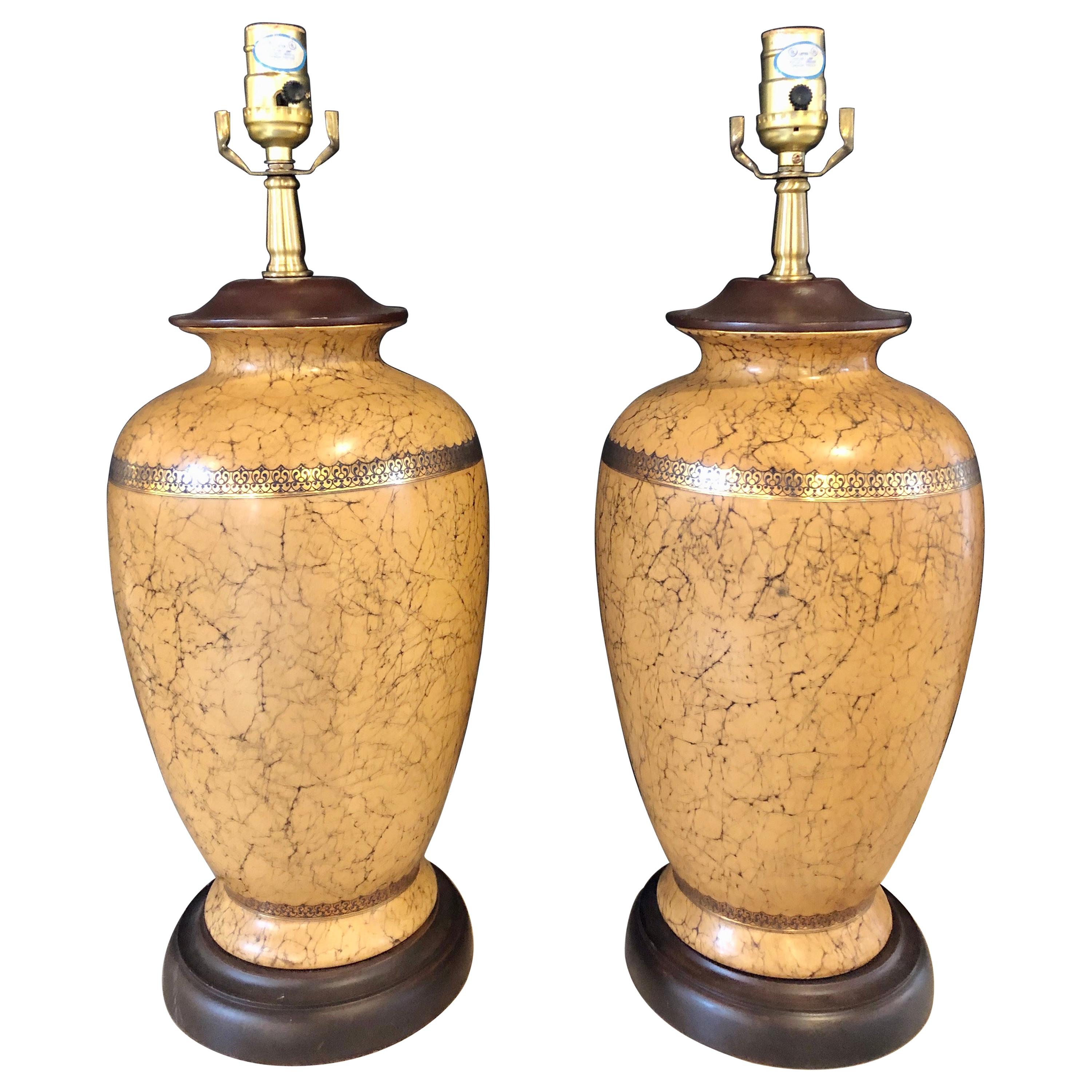 Pair of Ceramic Lamps with Gold Trim and Crackle Finish Wooden Base Bottom For Sale