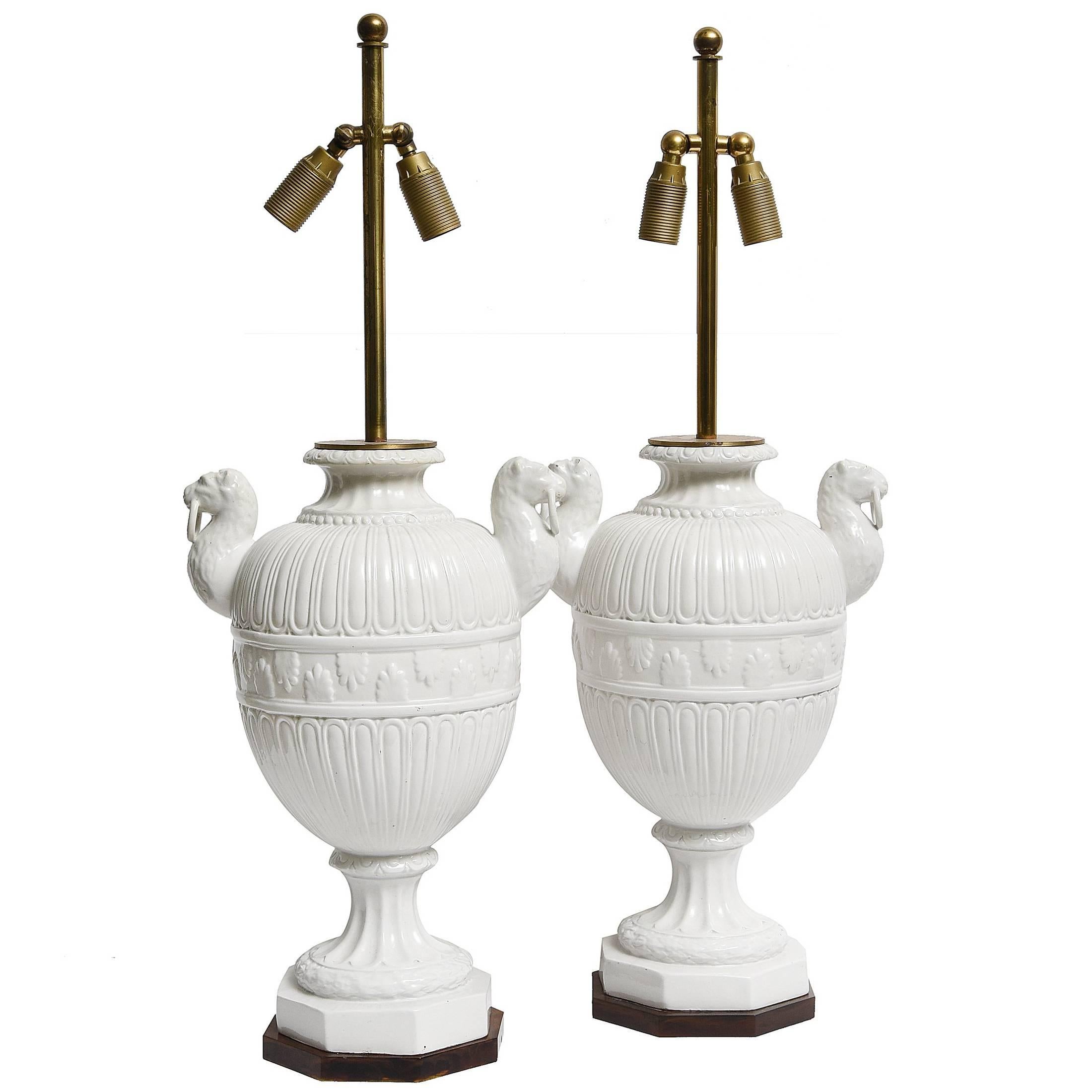 Pair of Ceramic Lamps with Lion's Heads For Sale