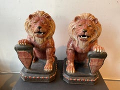 Pair Of Ceramic Lions With Shields