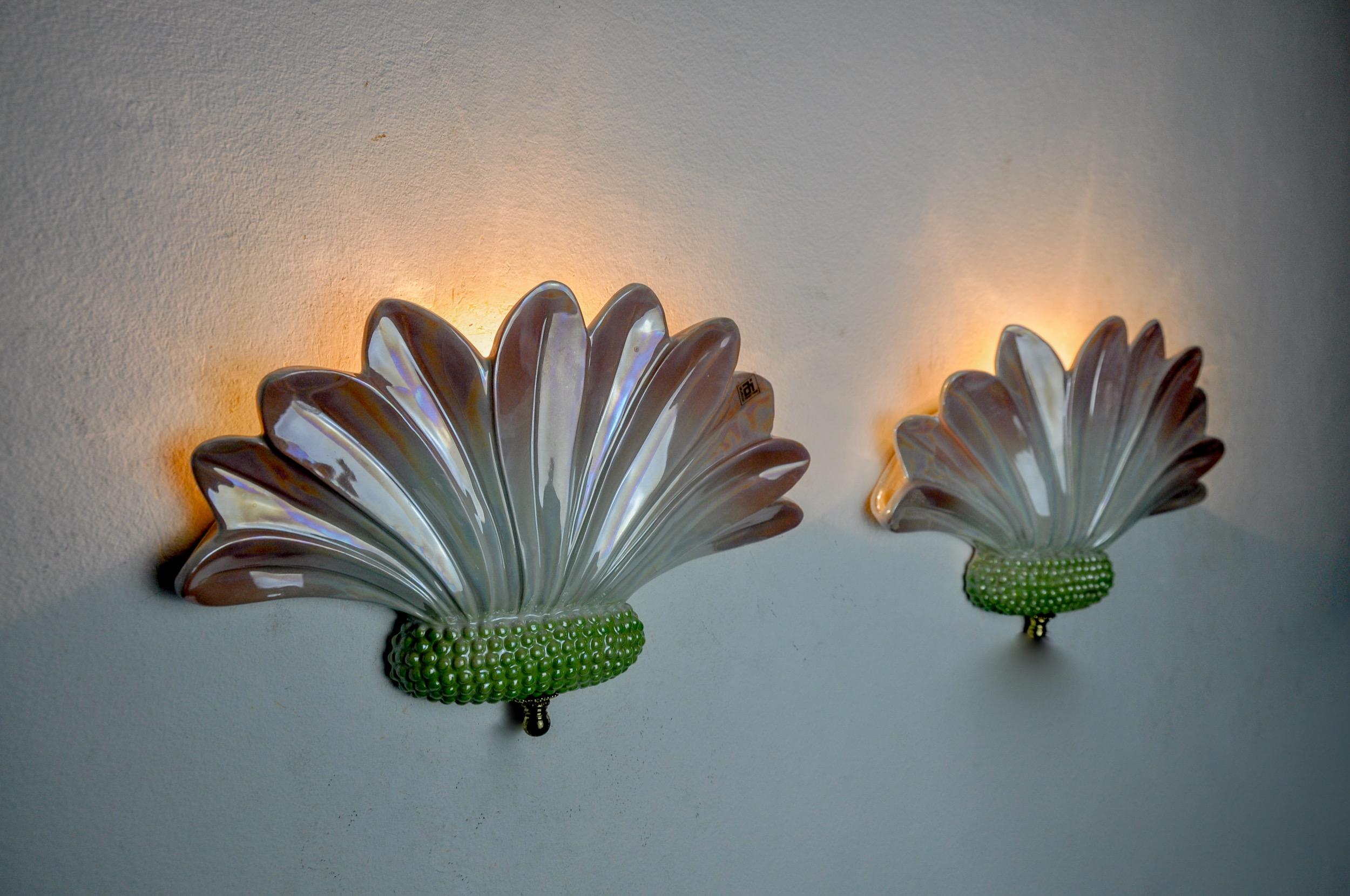 Earthenware Pair of ceramic lotus flower sconces, AI minervino, italy, 1970 For Sale