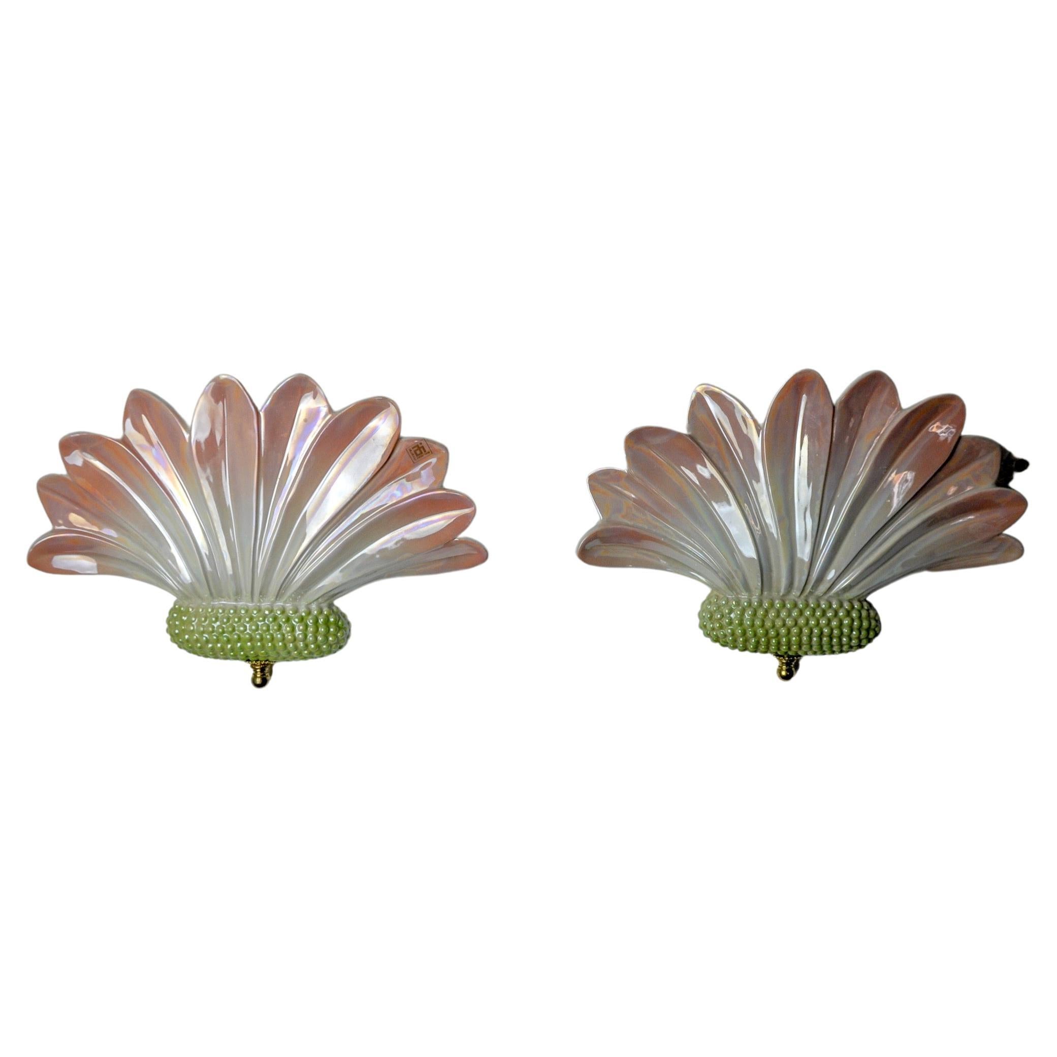 Pair of ceramic lotus flower sconces, AI minervino, italy, 1970 For Sale