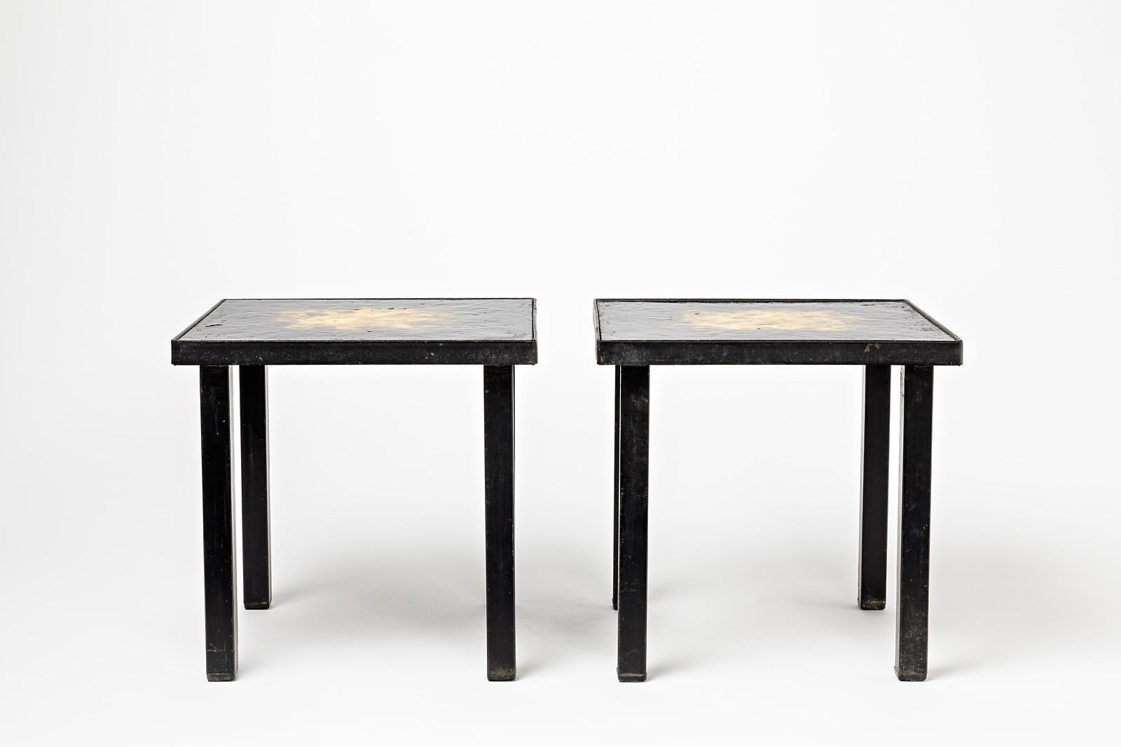 Mid-Century Modern Pair of Ceramic Low Coffee Tables Shinny Black and Yellow, circa 1970 For Sale