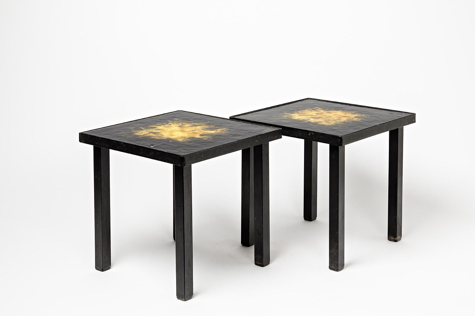 French Pair of Ceramic Low Coffee Tables Shinny Black and Yellow, circa 1970 For Sale