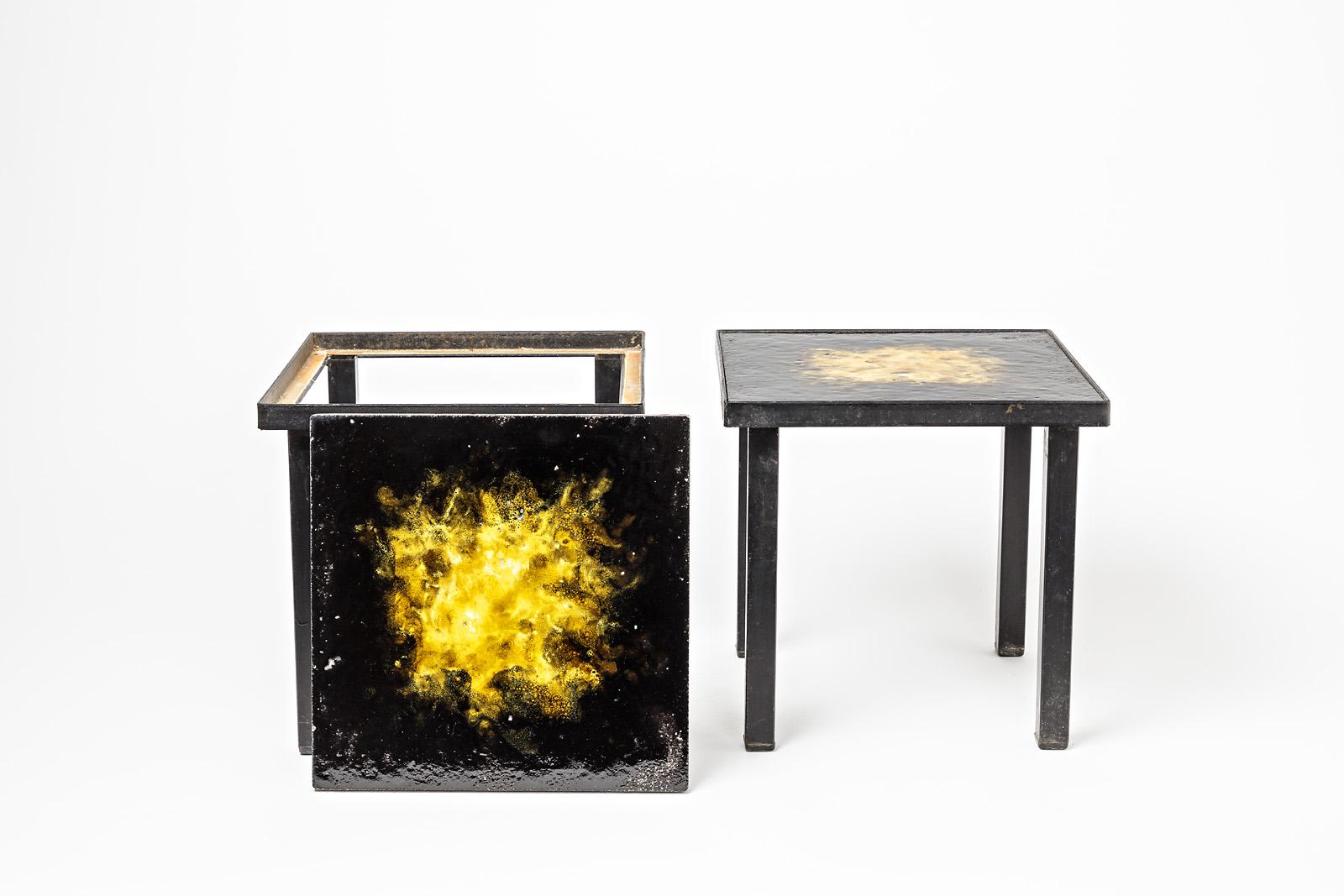 Pair of Ceramic Low Coffee Tables Shinny Black and Yellow, circa 1970 In Good Condition For Sale In Neuilly-en- sancerre, FR