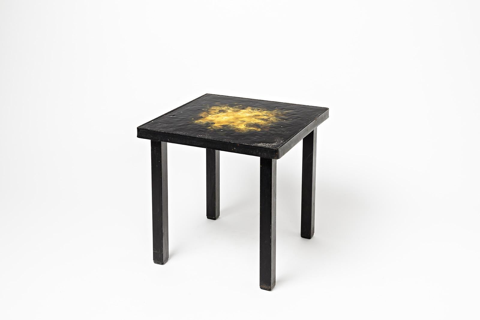 20th Century Pair of Ceramic Low Coffee Tables Shinny Black and Yellow, circa 1970 For Sale