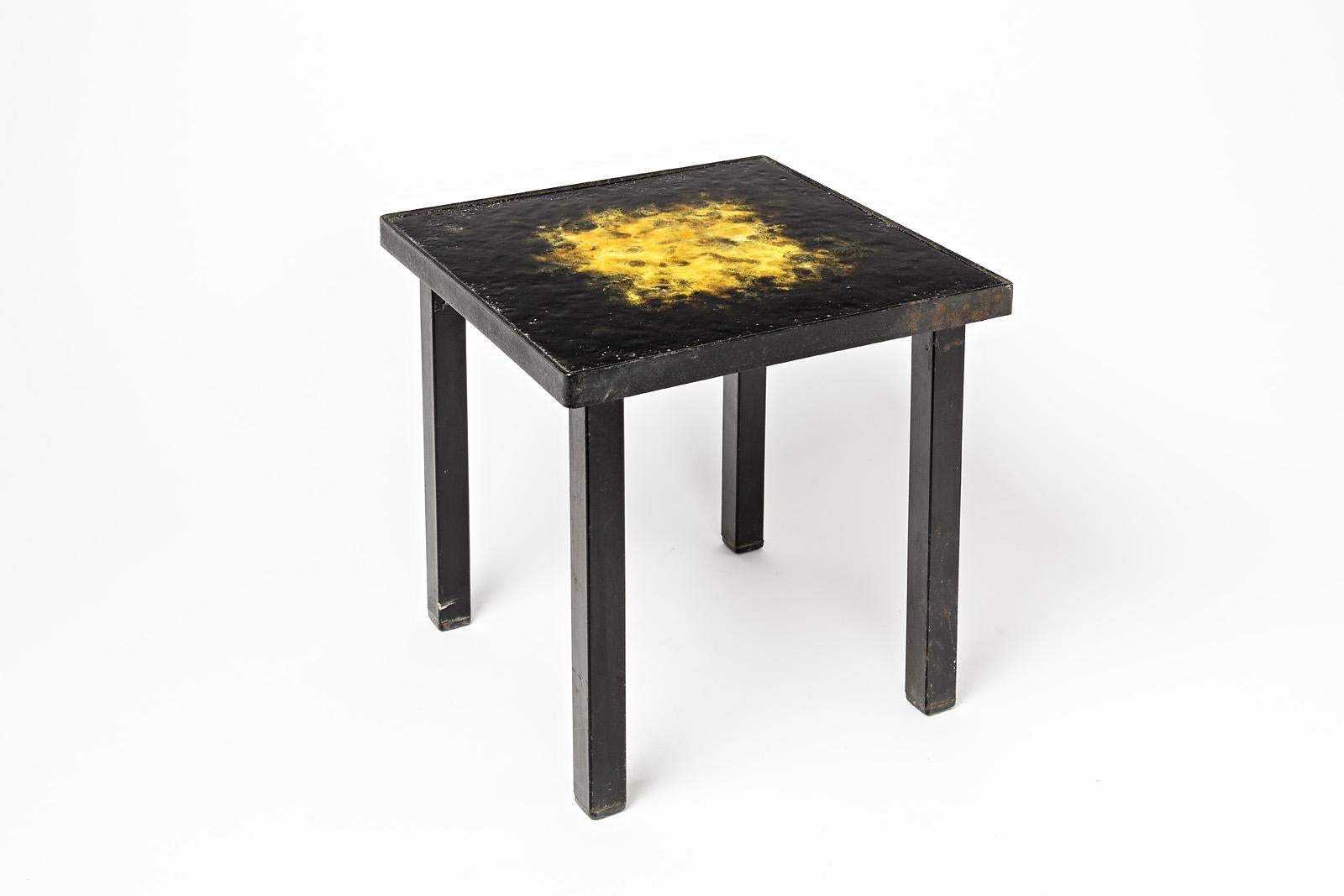 Pair of Ceramic Low Coffee Tables Shinny Black and Yellow, circa 1970 For Sale 1