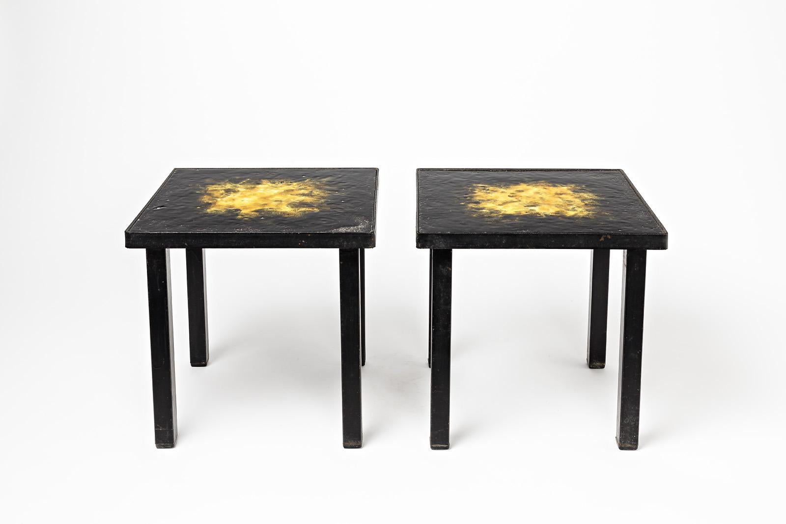 Pair of Ceramic Low Coffee Tables Shinny Black and Yellow, circa 1970 For Sale 2