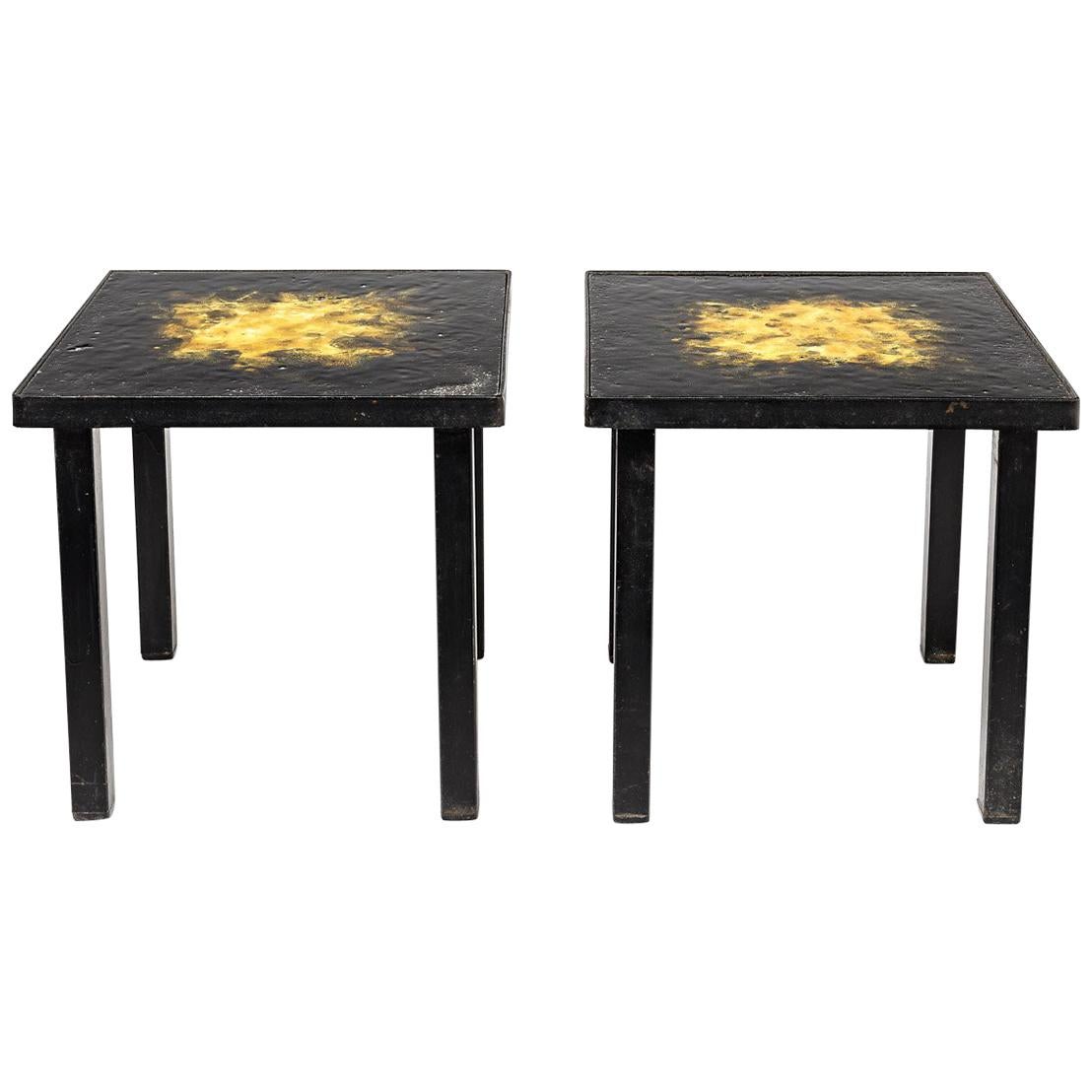 Pair of Ceramic Low Coffee Tables Shinny Black and Yellow, circa 1970