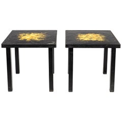 Vintage Pair of Ceramic Low Coffee Tables Shinny Black and Yellow, circa 1970
