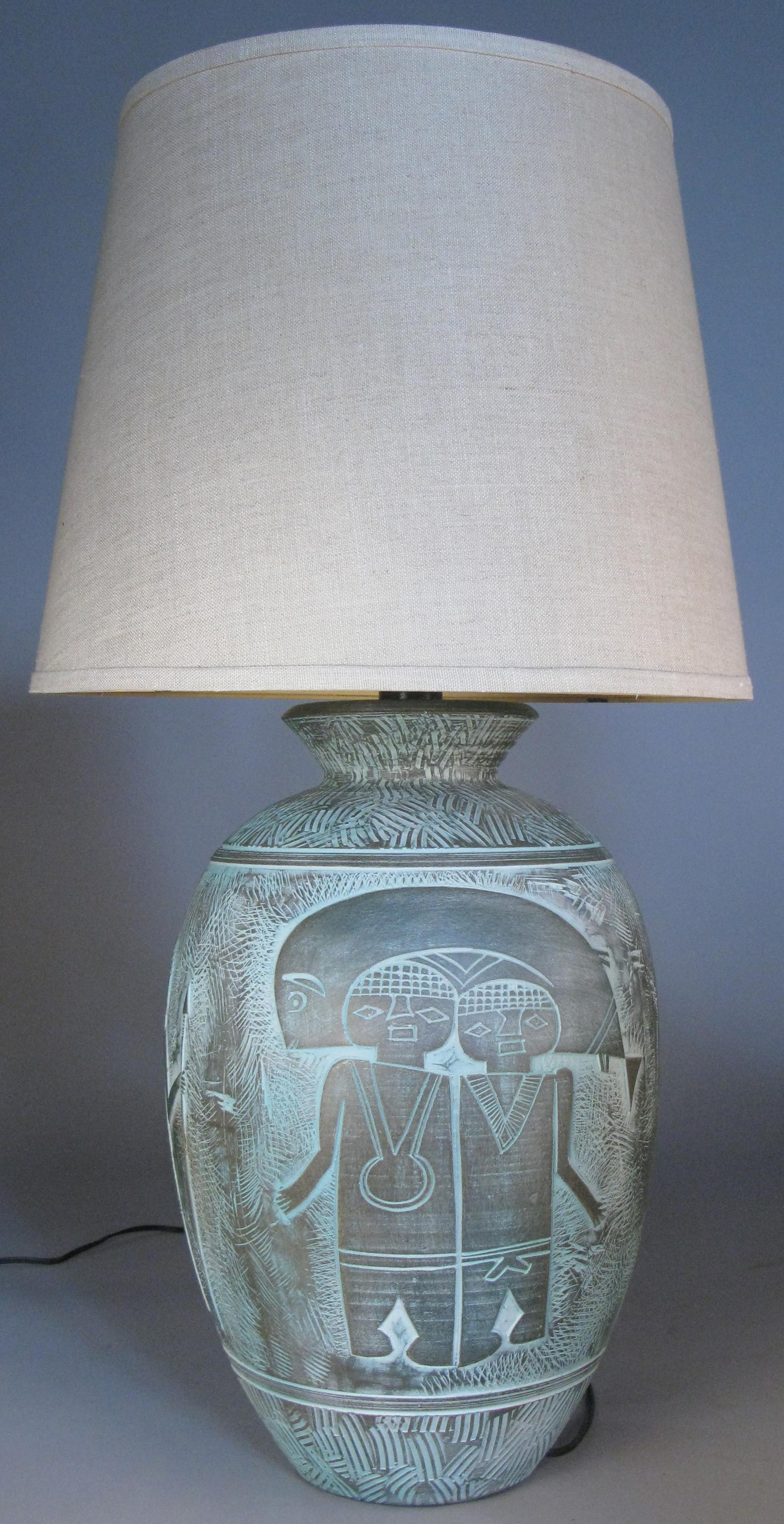 American Pair of Ceramic 'Mayan' Lamps by Casual Lamps of California
