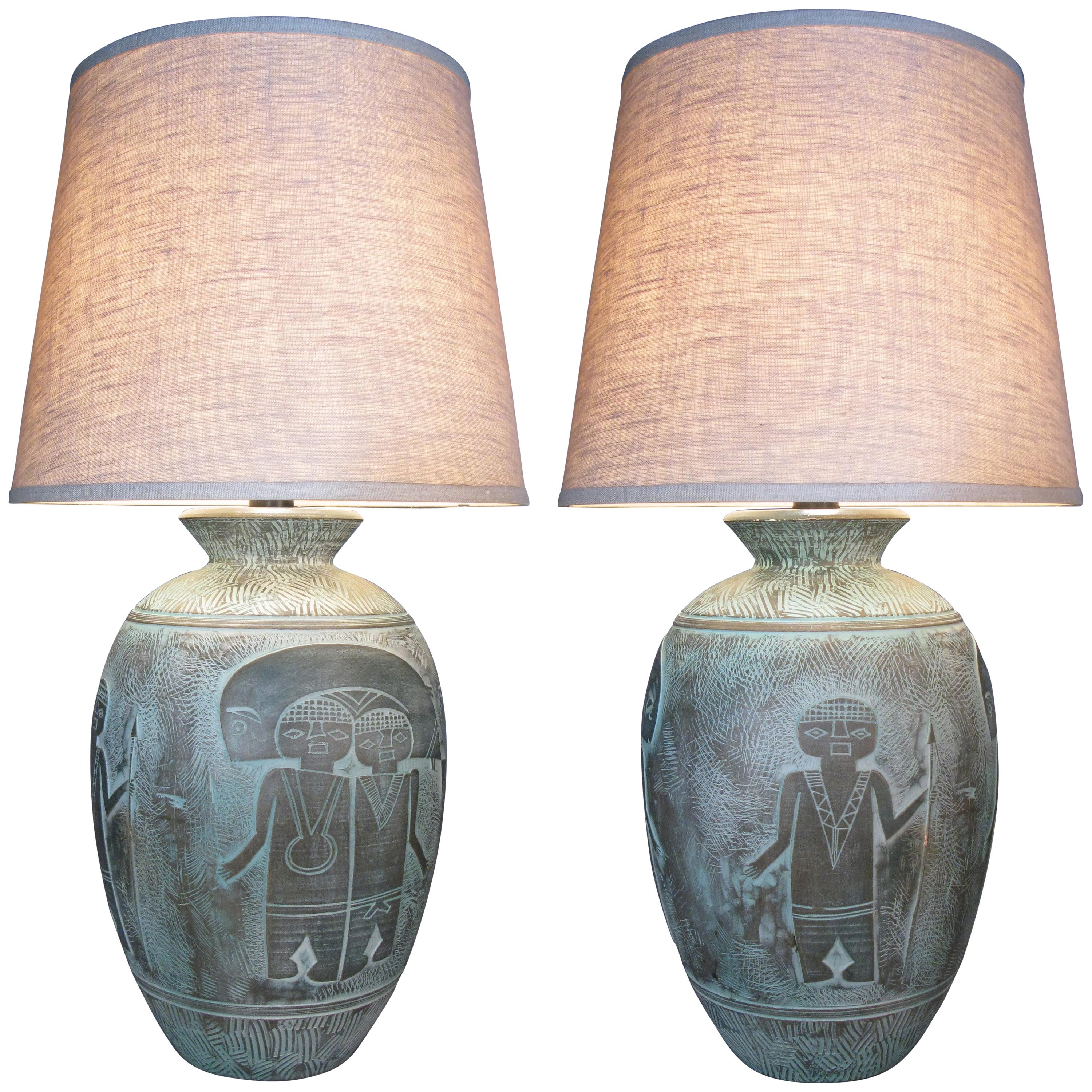 Pair of Ceramic 'Mayan' Lamps by Casual Lamps of California