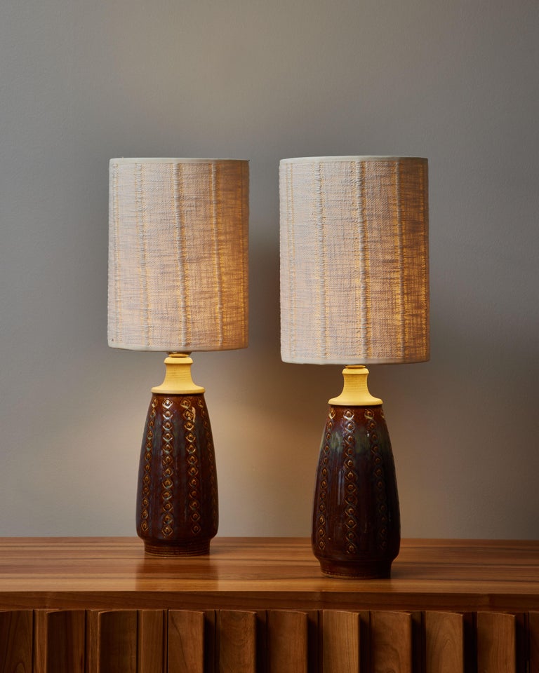 Pair of glazed ceramic table lamps by Søholm Stentøj, signed under the feet. New lampshades made with Dedar fabric.