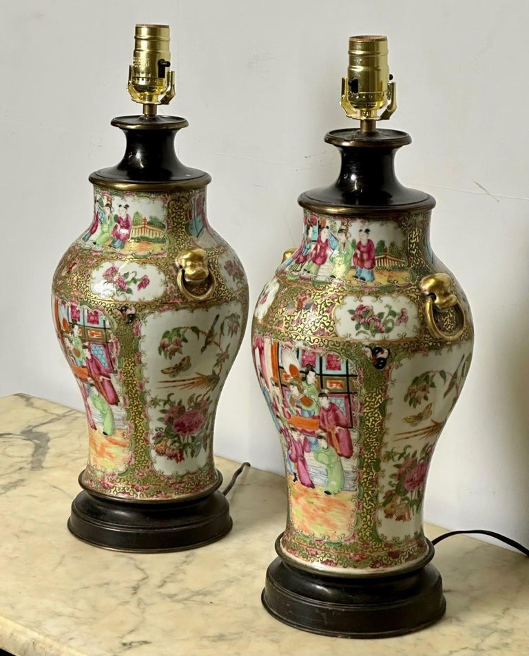 Pair of Ceramic Oriental Table Lamps, Decoration, Bronze, 19th C. For