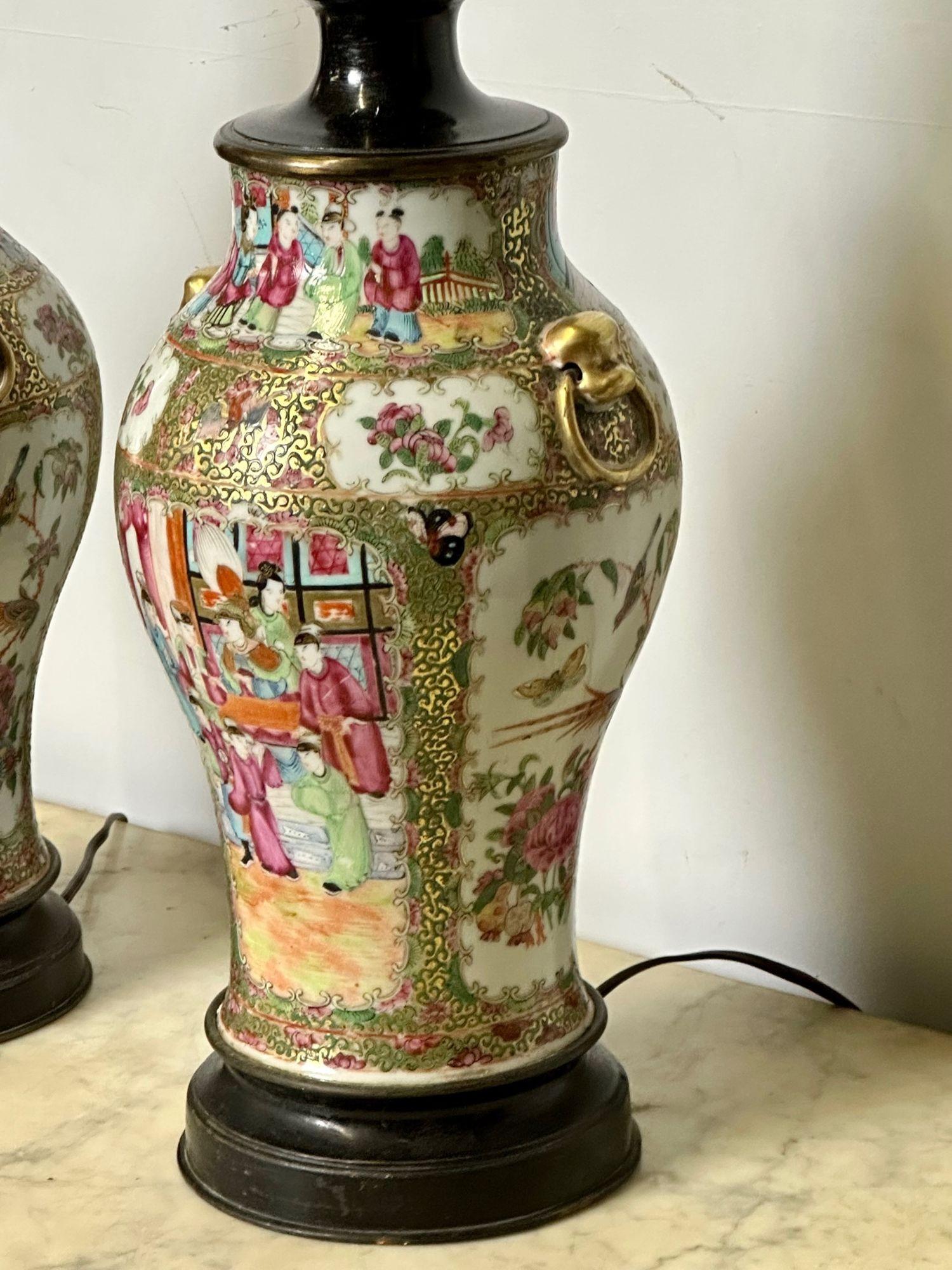 Pair of Ceramic Oriental Table Lamps, Decoration, Bronze, 19th C. In Good Condition For Sale In Stamford, CT
