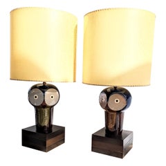 Pair of Ceramic Owl Table Lamps by Jordi Aguadé, Spain 1970s...