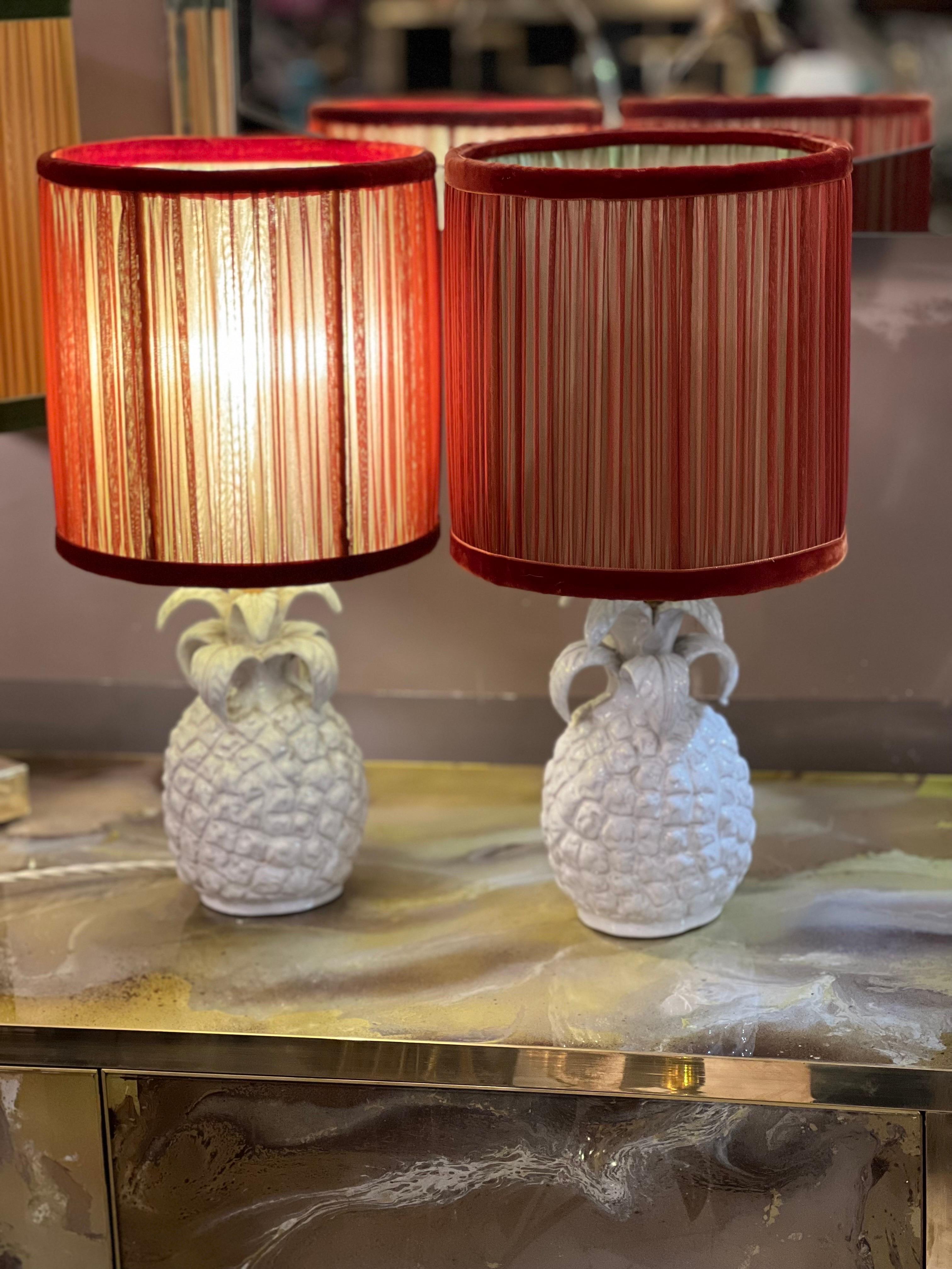Pair of Ceramic Pineapple Shaped Lamps with our Handctafted Lampshades, 1950s 2