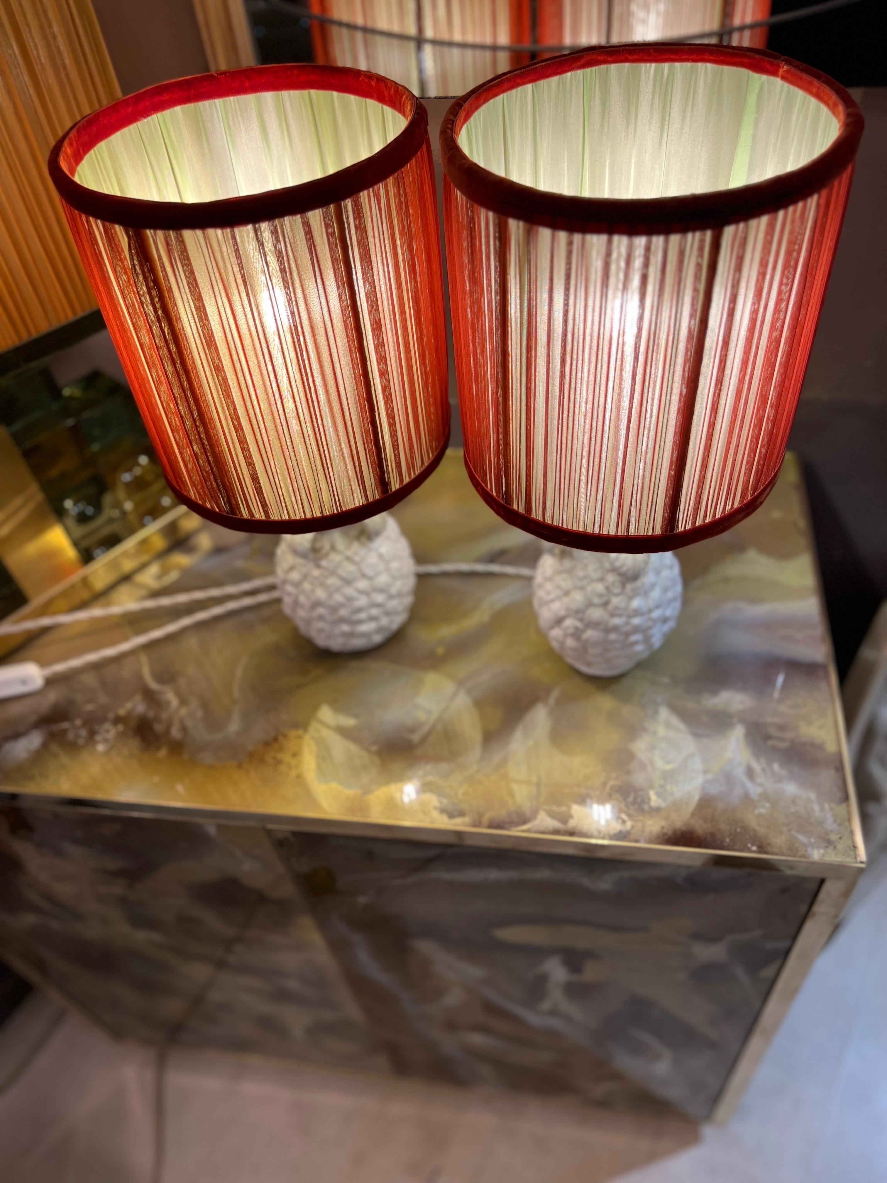 Pair of Ceramic Pineapple Shaped Lamps with our Handctafted Lampshades, 1950s 3