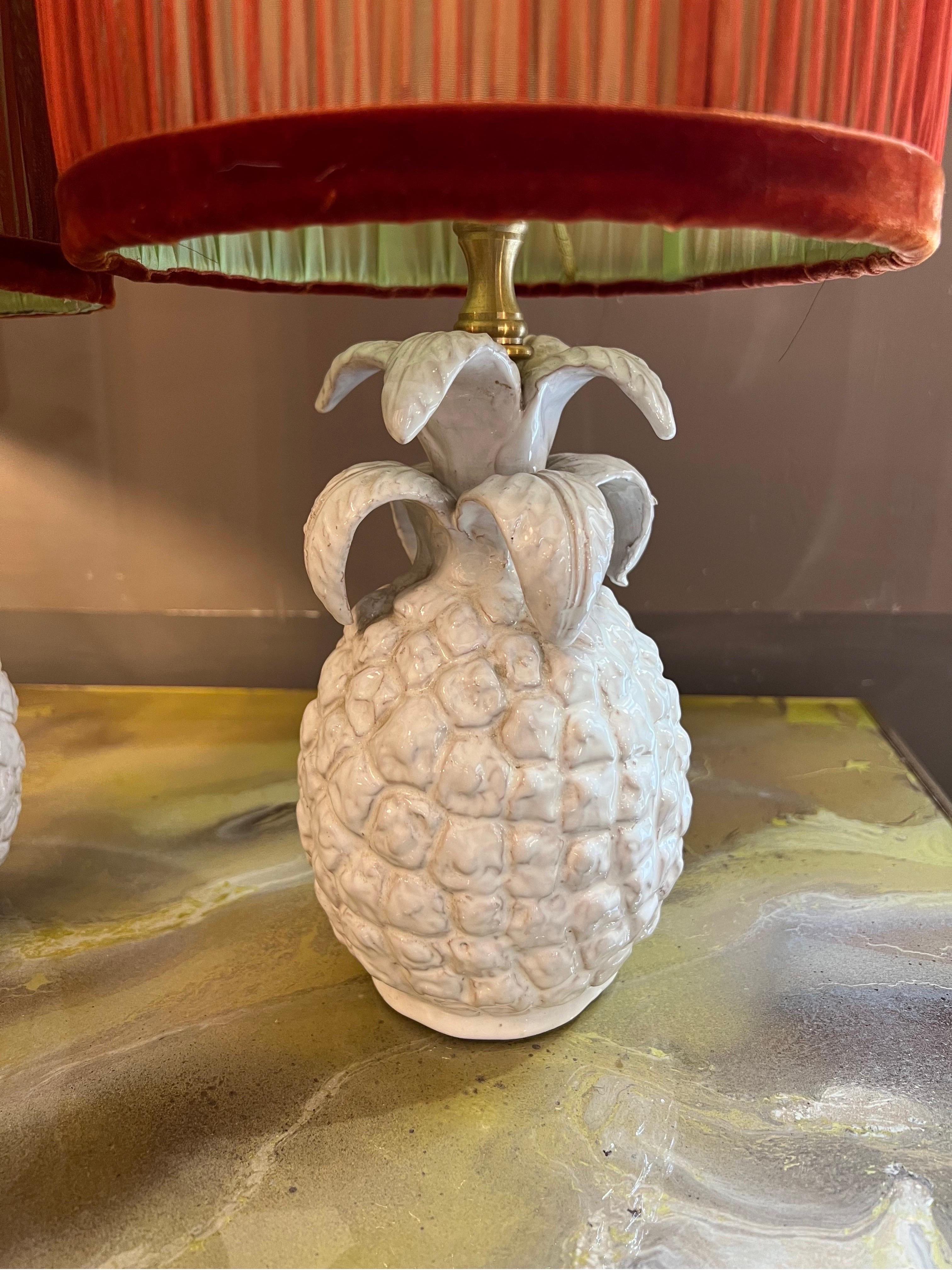 Pair of Ceramic Pineapple Shaped Lamps with our Handctafted Lampshades, 1950s 6