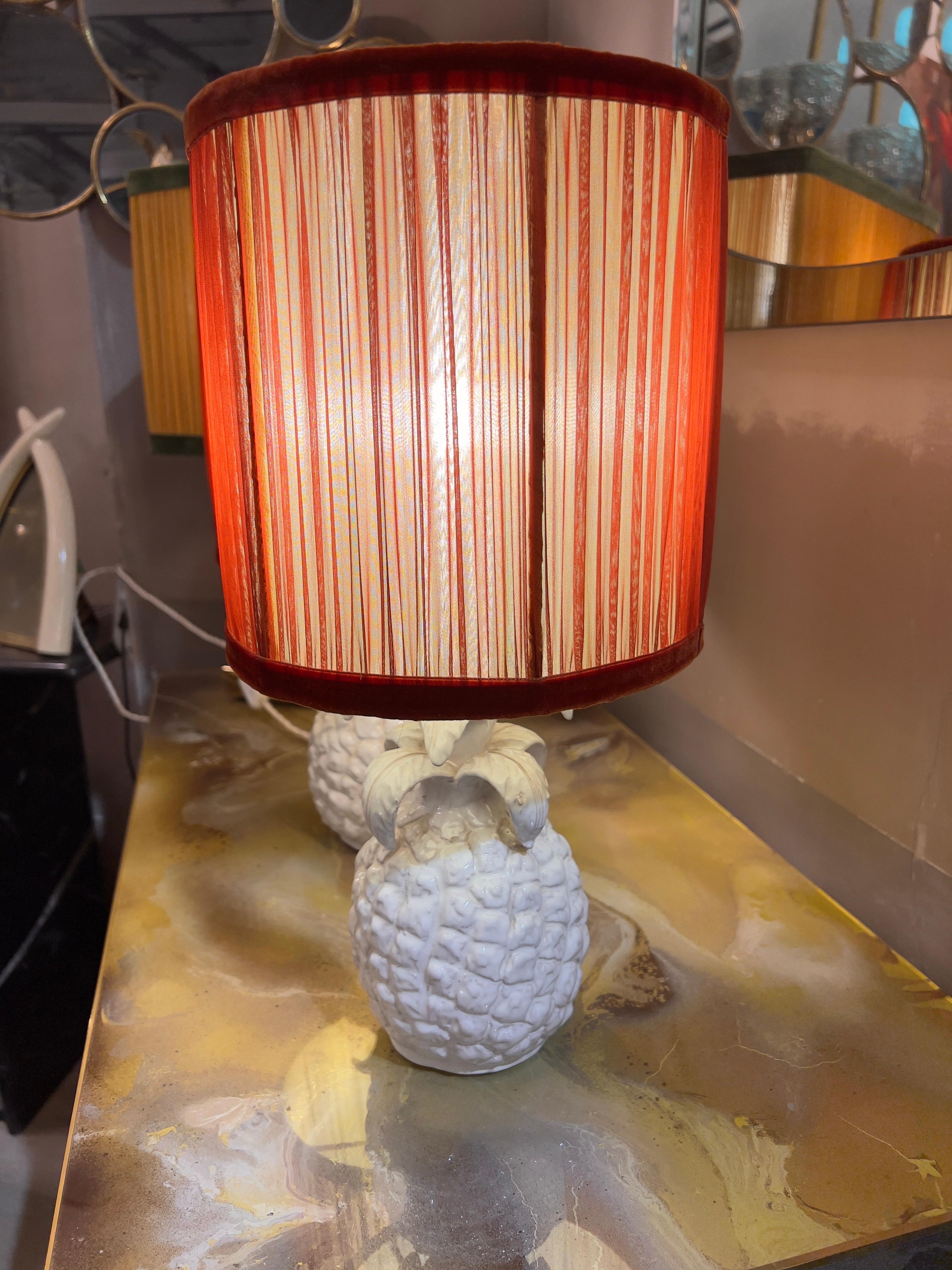 Italian Pair of Ceramic Pineapple Shaped Lamps with our Handctafted Lampshades, 1950s
