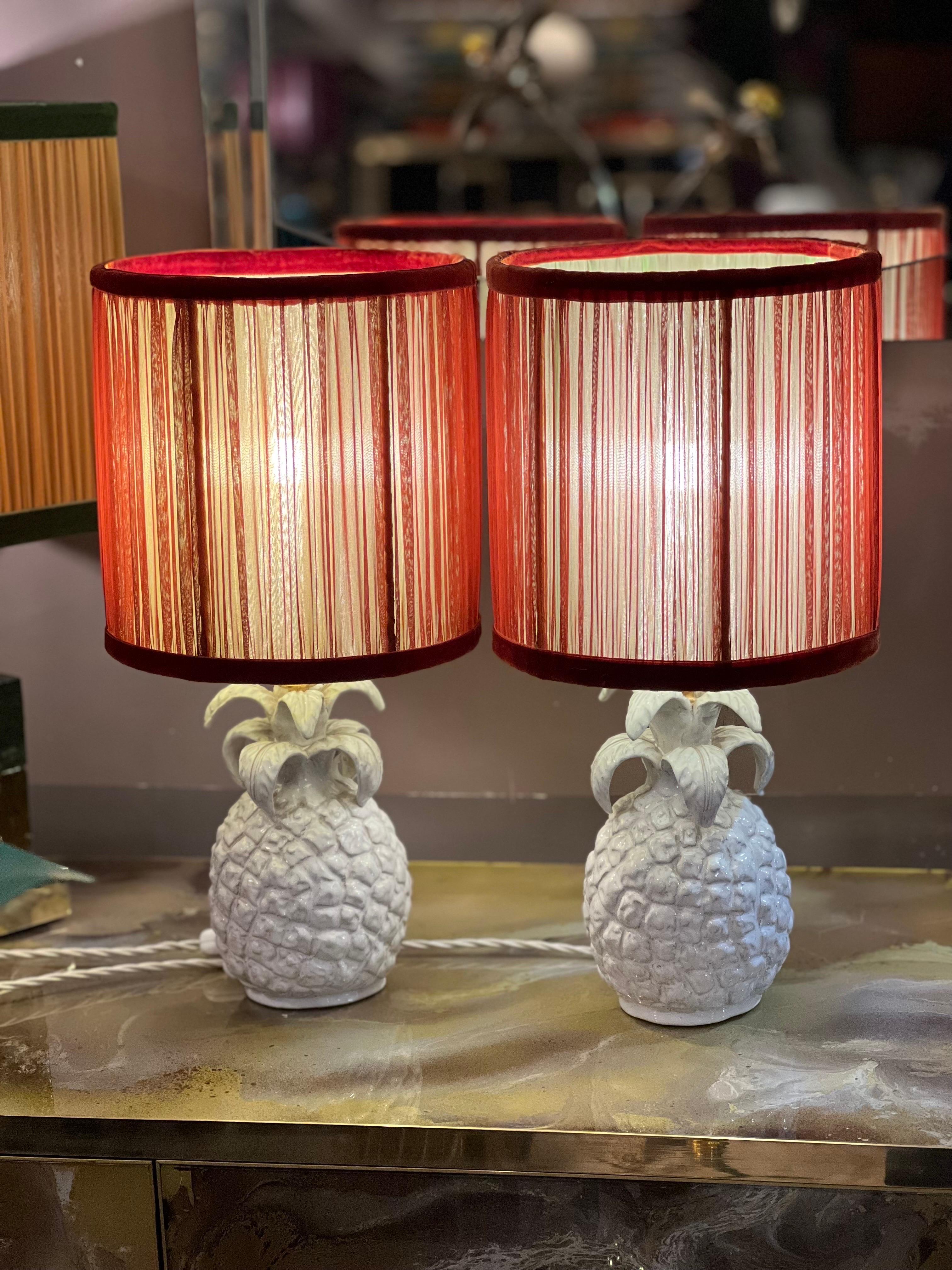 Pair of Ceramic Pineapple Shaped Lamps with our Handctafted Lampshades, 1950s 1