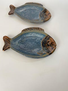 Pair of Ceramic Platters or Vide Poche, in Blue and Grey Color, from France 1960