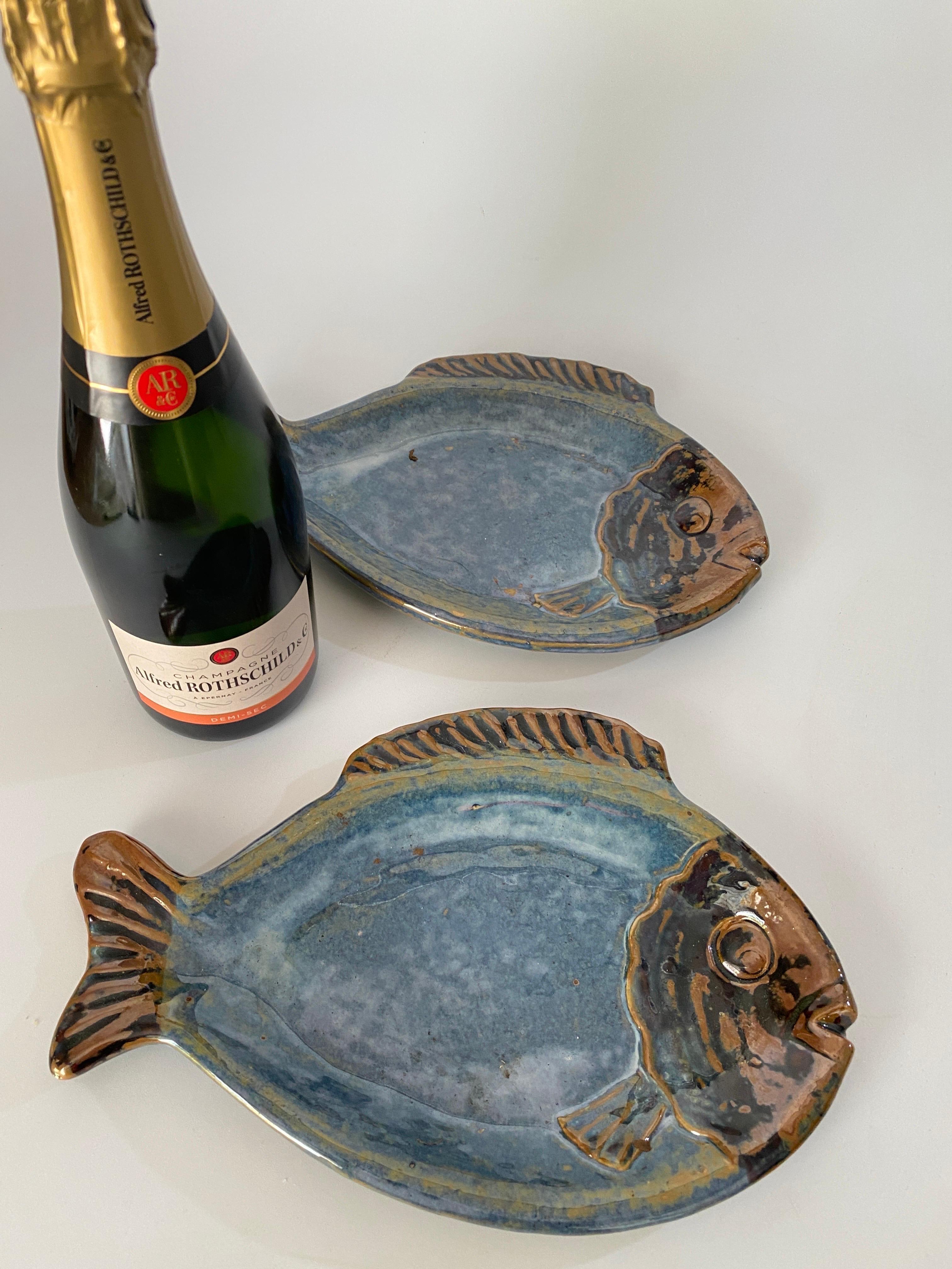 French Pair of Ceramic Platters or Vide Poche, in Blue and Grey Color, from France 1960 For Sale