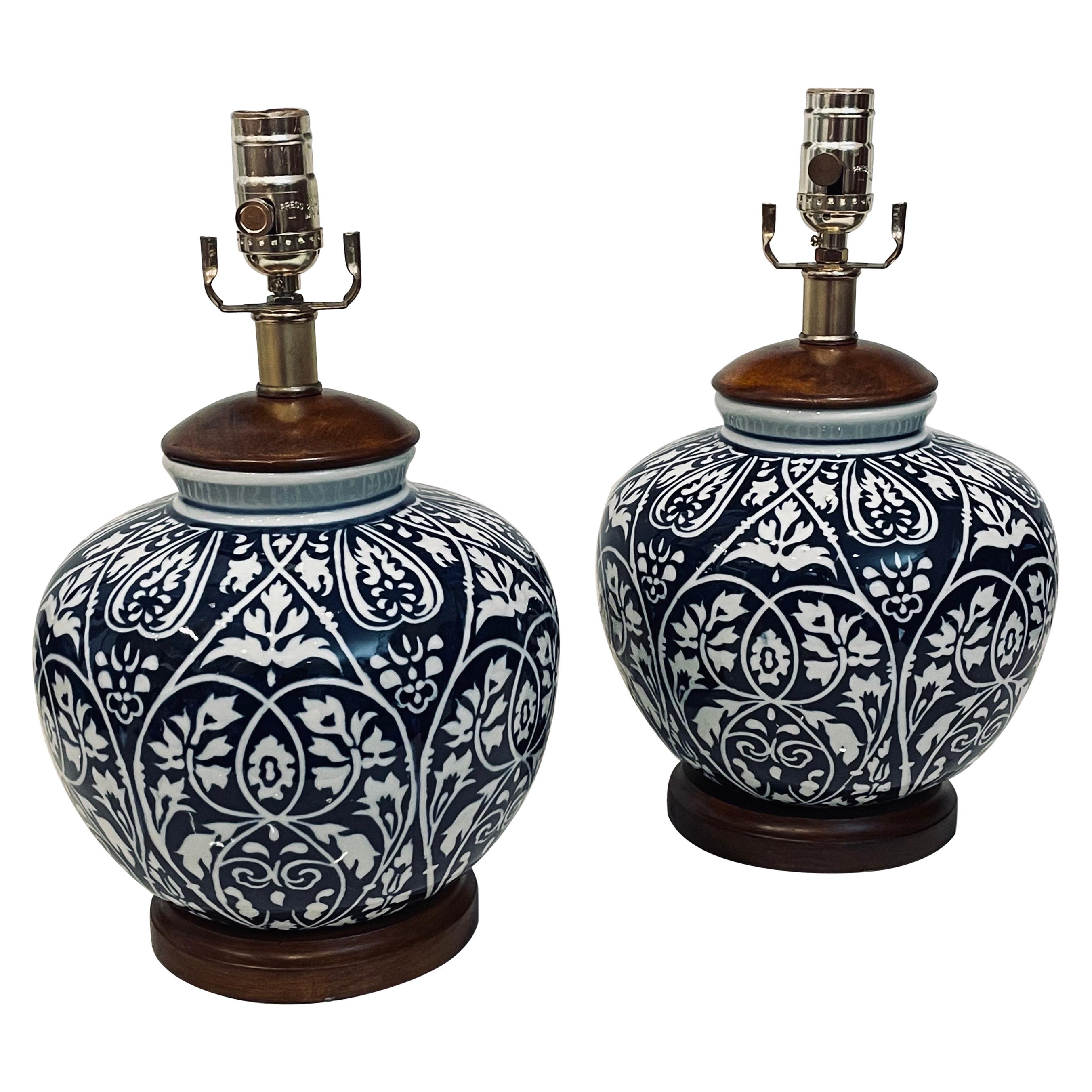 Pair of Ceramic Porcelain & Walnut Ginger Jar Table Lamps by Ralph Lauren