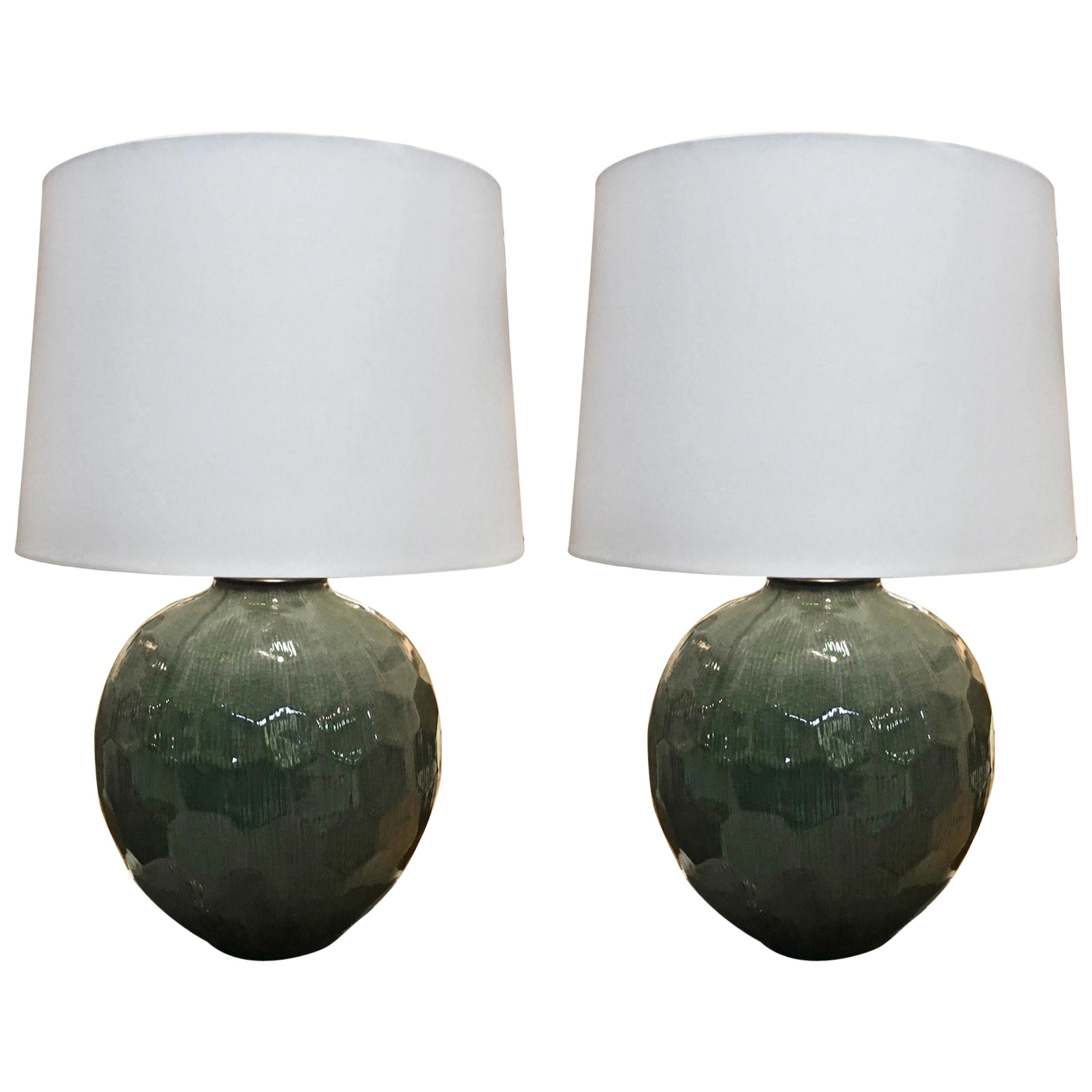 Pair of Ceramic Pottery Lamps, in Green Crackle Glazed Ceramic at 1stDibs