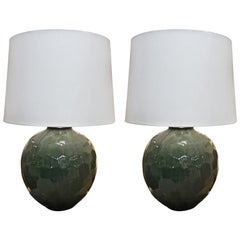 Pair of Ceramic Pottery Lamps, in Green Crackle Glazed Ceramic