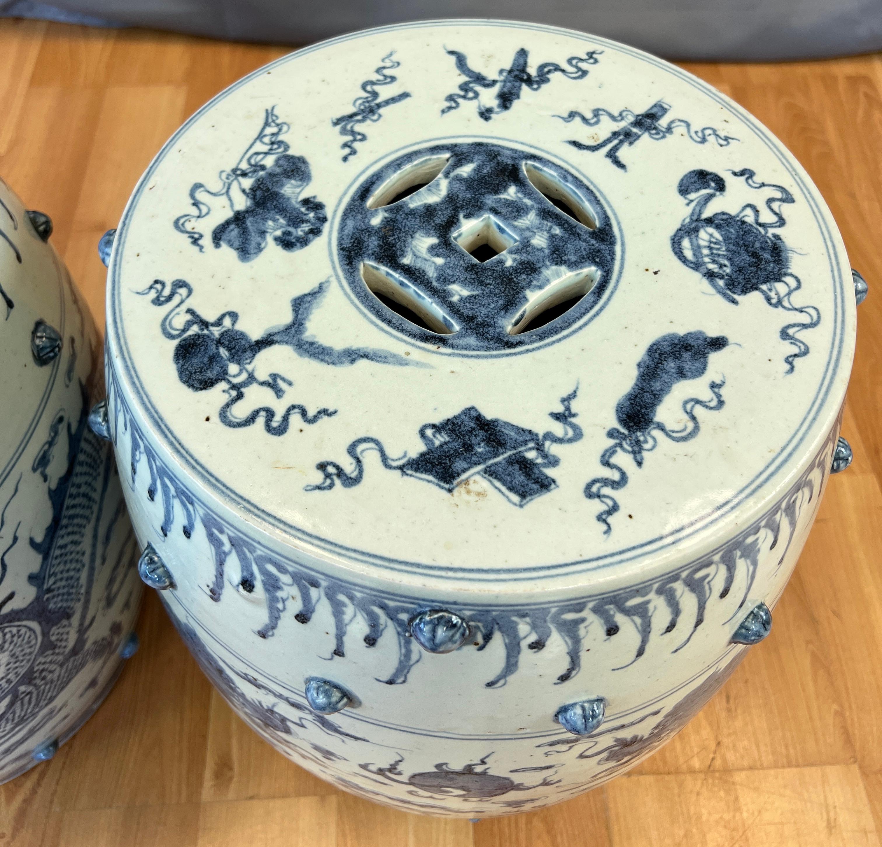 Pair of Ceramic Qing Dynasty Blue Dragon Stools 19th Century For Sale 6