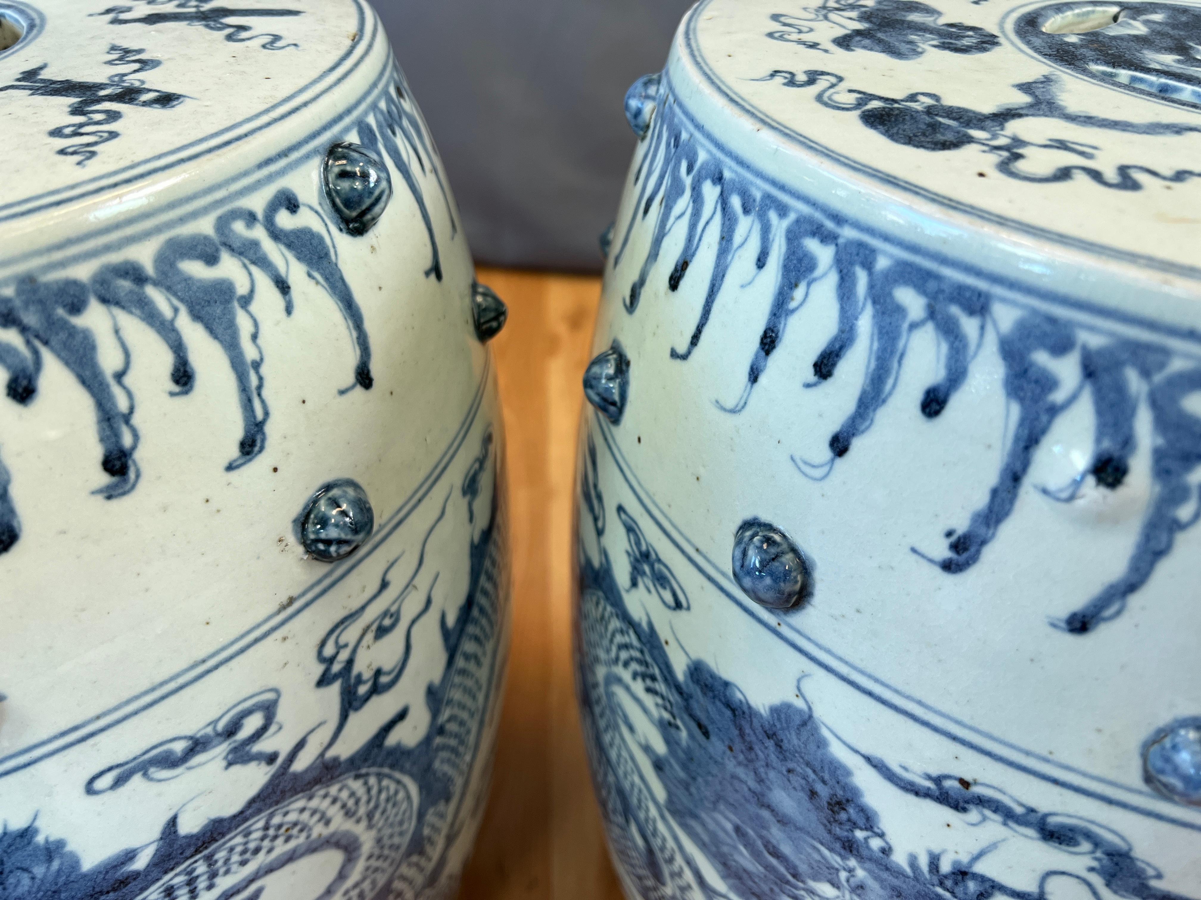 Pair of Ceramic Qing Dynasty Blue Dragon Stools 19th Century For Sale 7